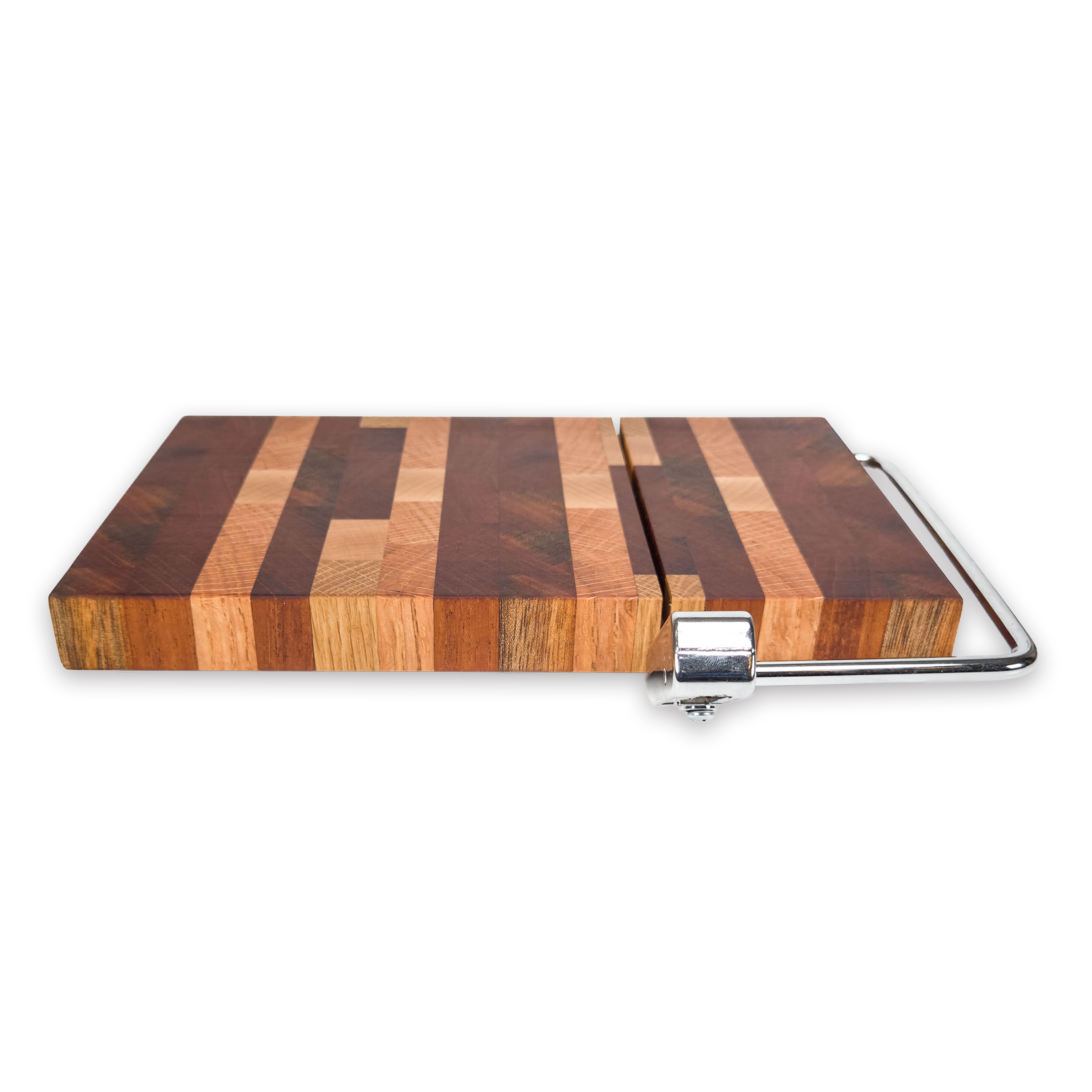 End grain oak, cherry & walnut cheese slicer board with wire cutter, oiled hardwood