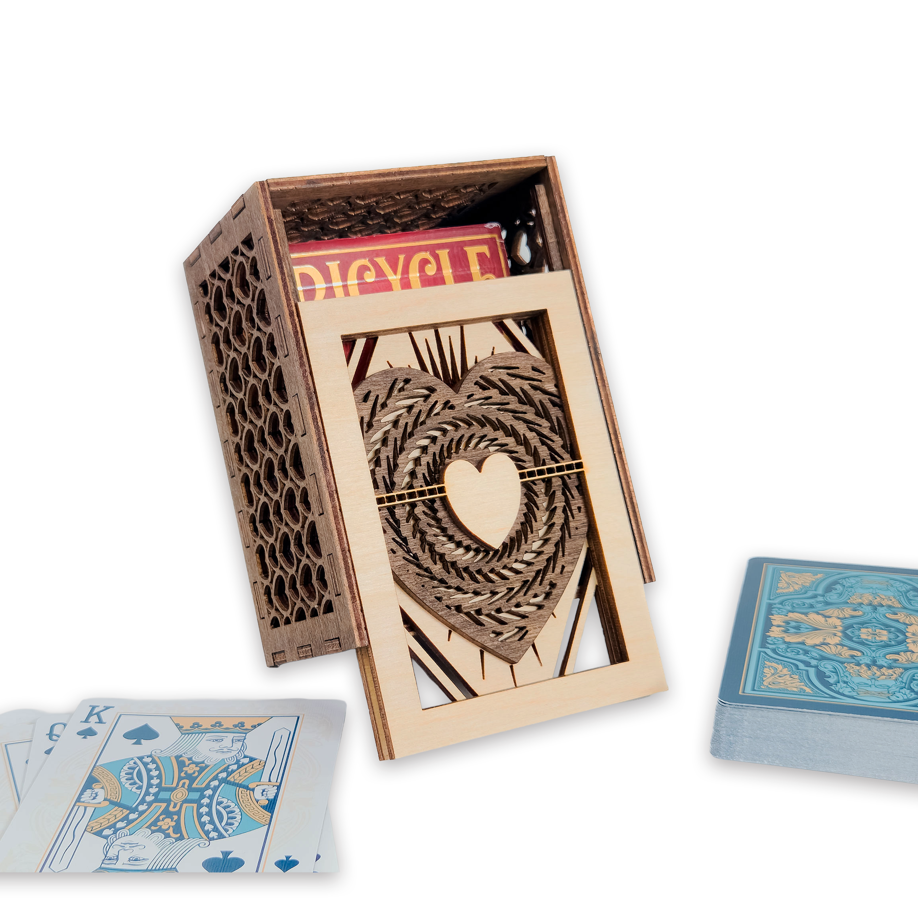 Laser-cut ace of hearts poker card box, walnut & maple birch plywood