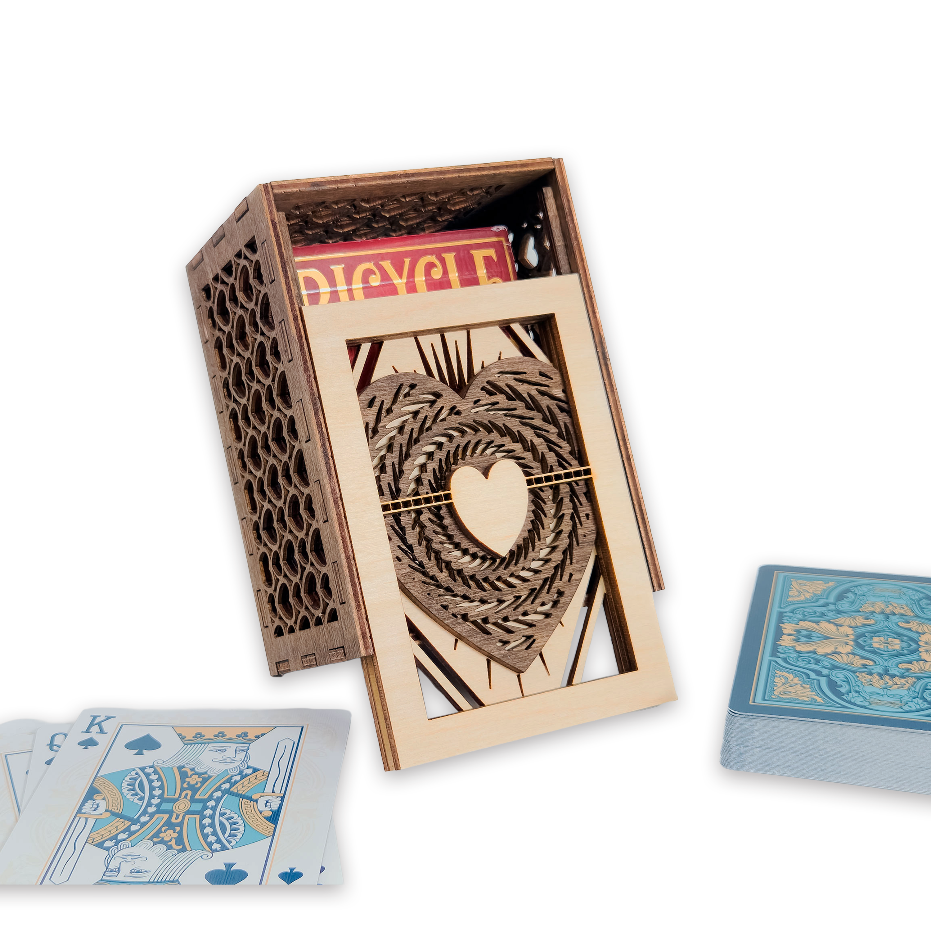 Laser-cut ace of hearts poker card box, walnut & maple birch plywood