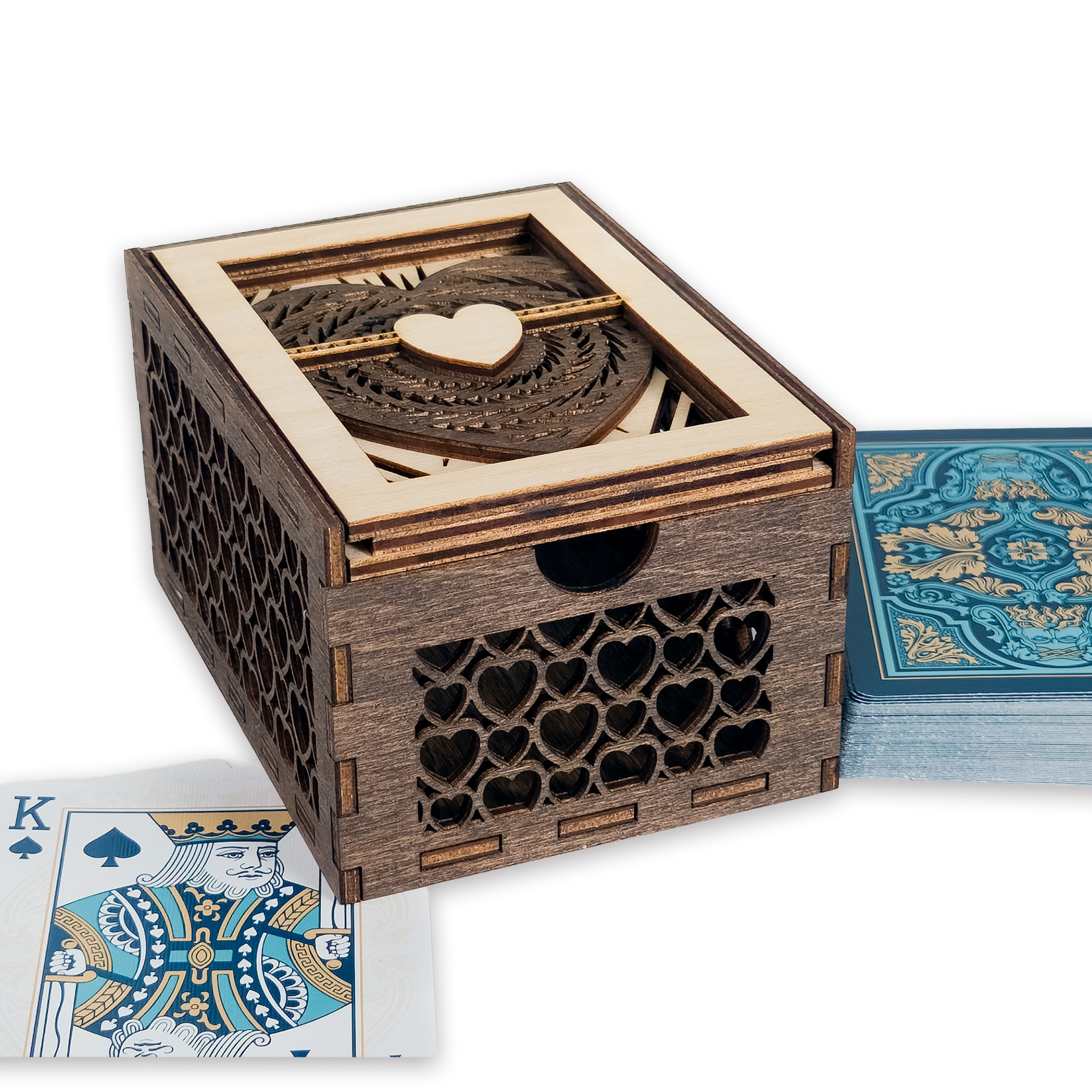 Laser-cut ace of hearts poker card box, walnut & maple birch plywood