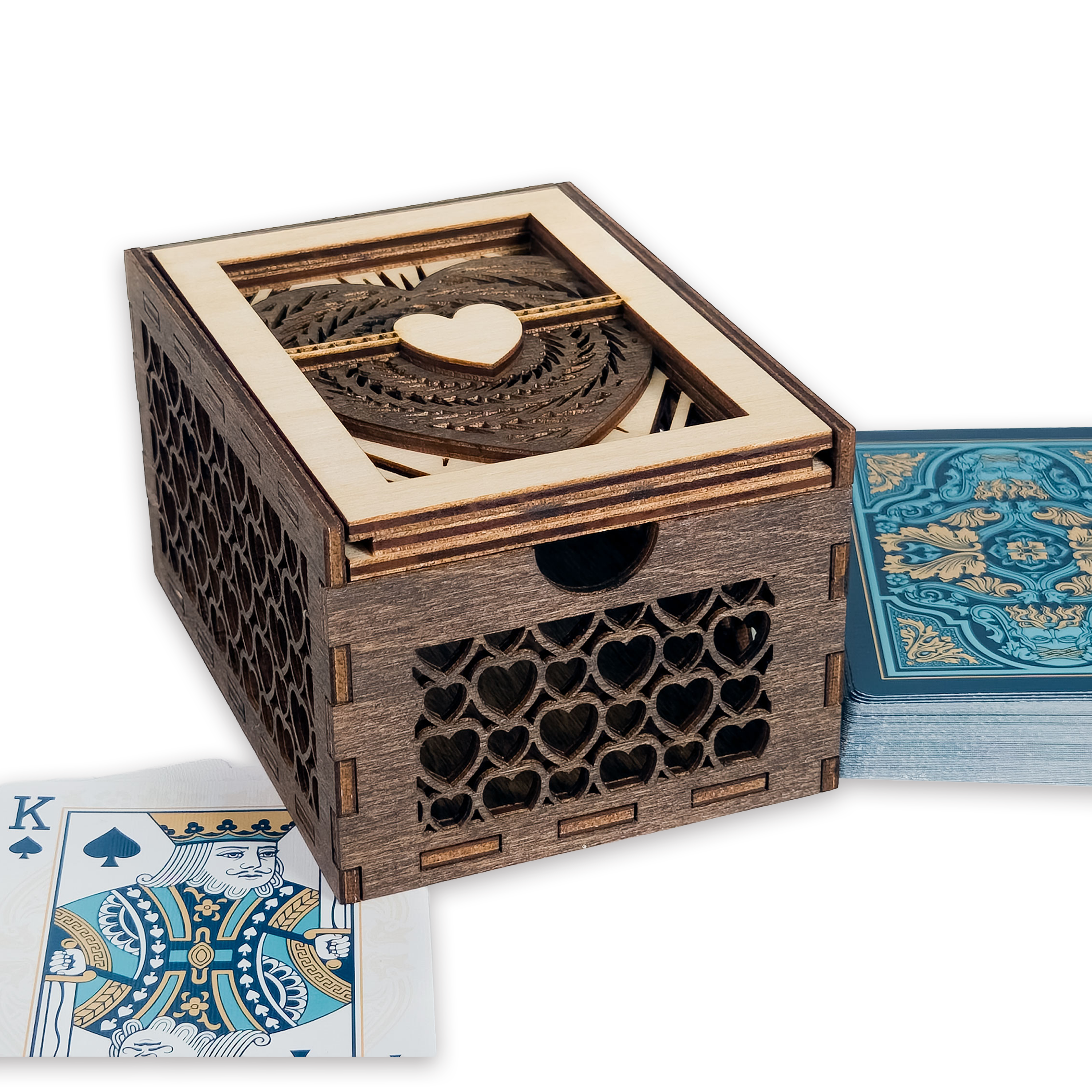 Laser-cut ace of hearts poker card box, walnut & maple birch plywood