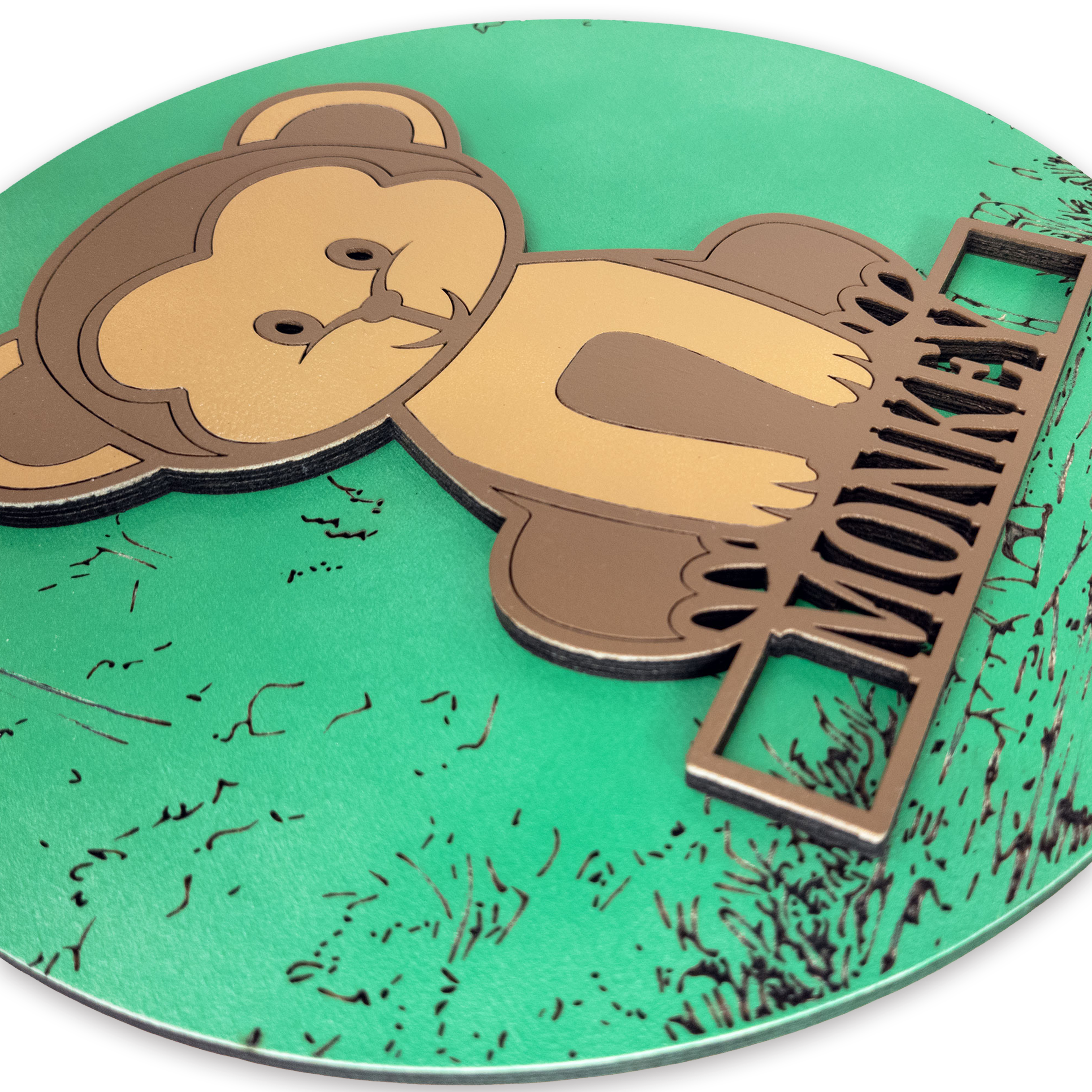 Multilayer 3D laser-cut monkey name sign wall art, Baltic Birch Plywood