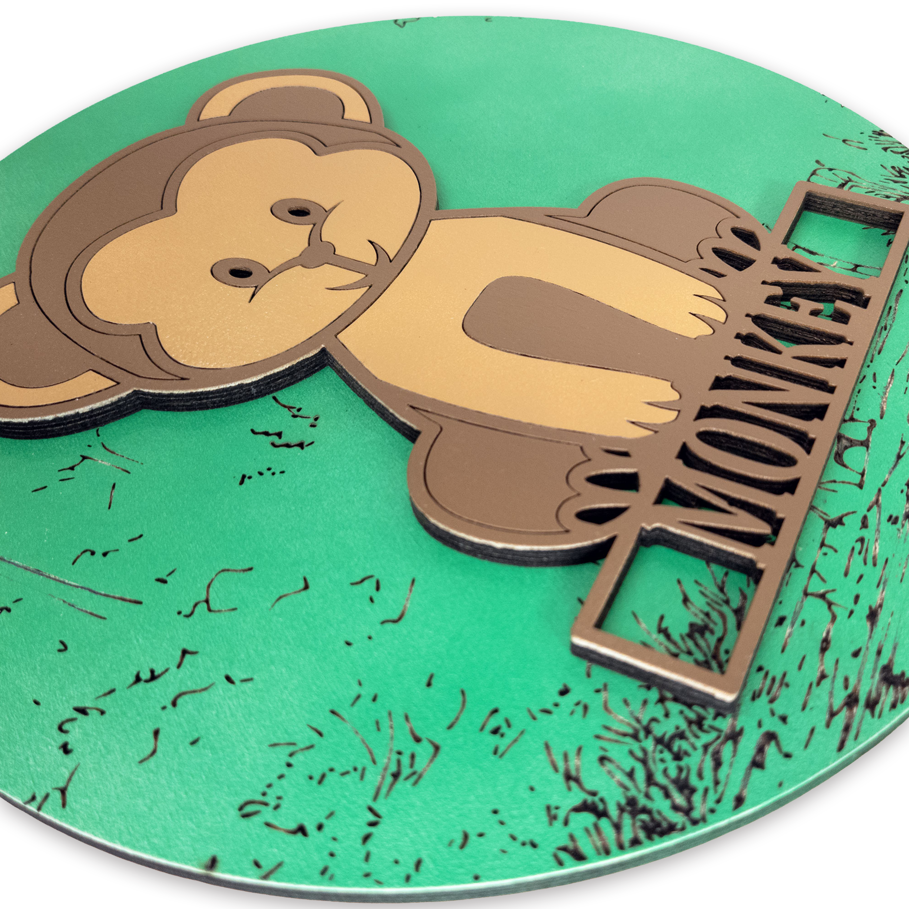 Multilayer 3D laser-cut monkey name sign wall art, Baltic Birch Plywood