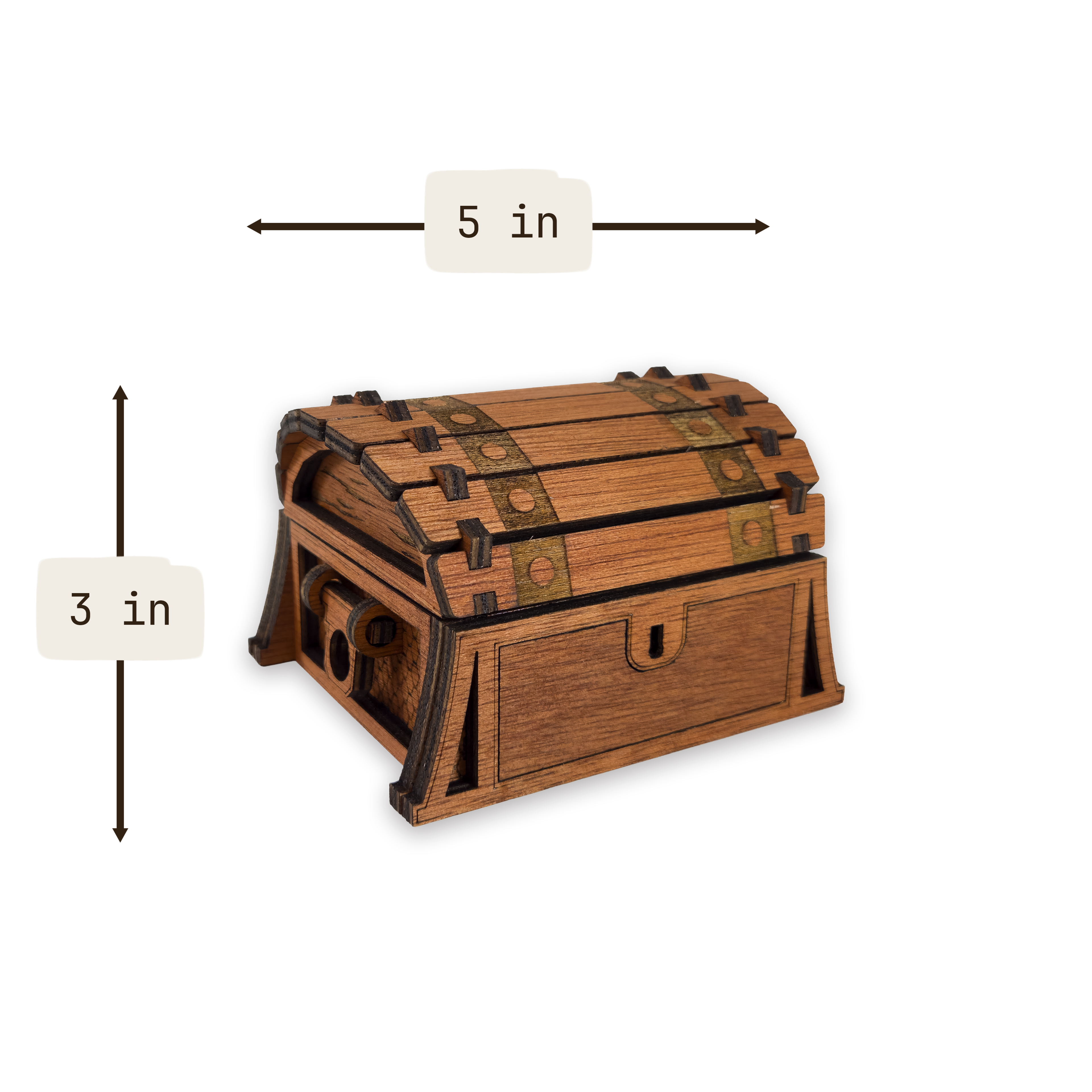 Laser-cut fantasy treasure chest, cherry-finished birch plywood