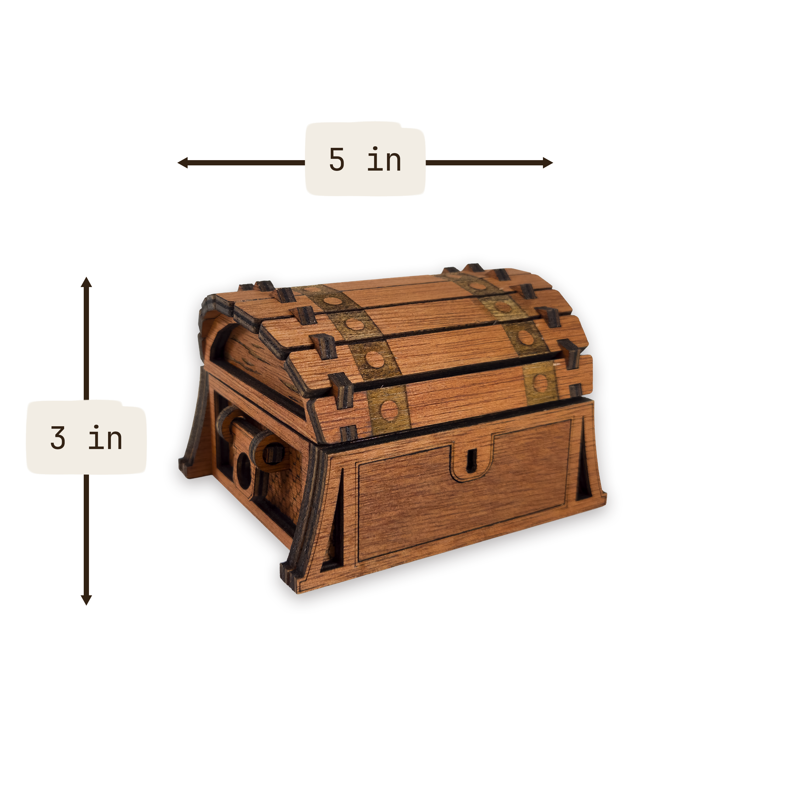 Laser-cut fantasy treasure chest, cherry-finished birch plywood