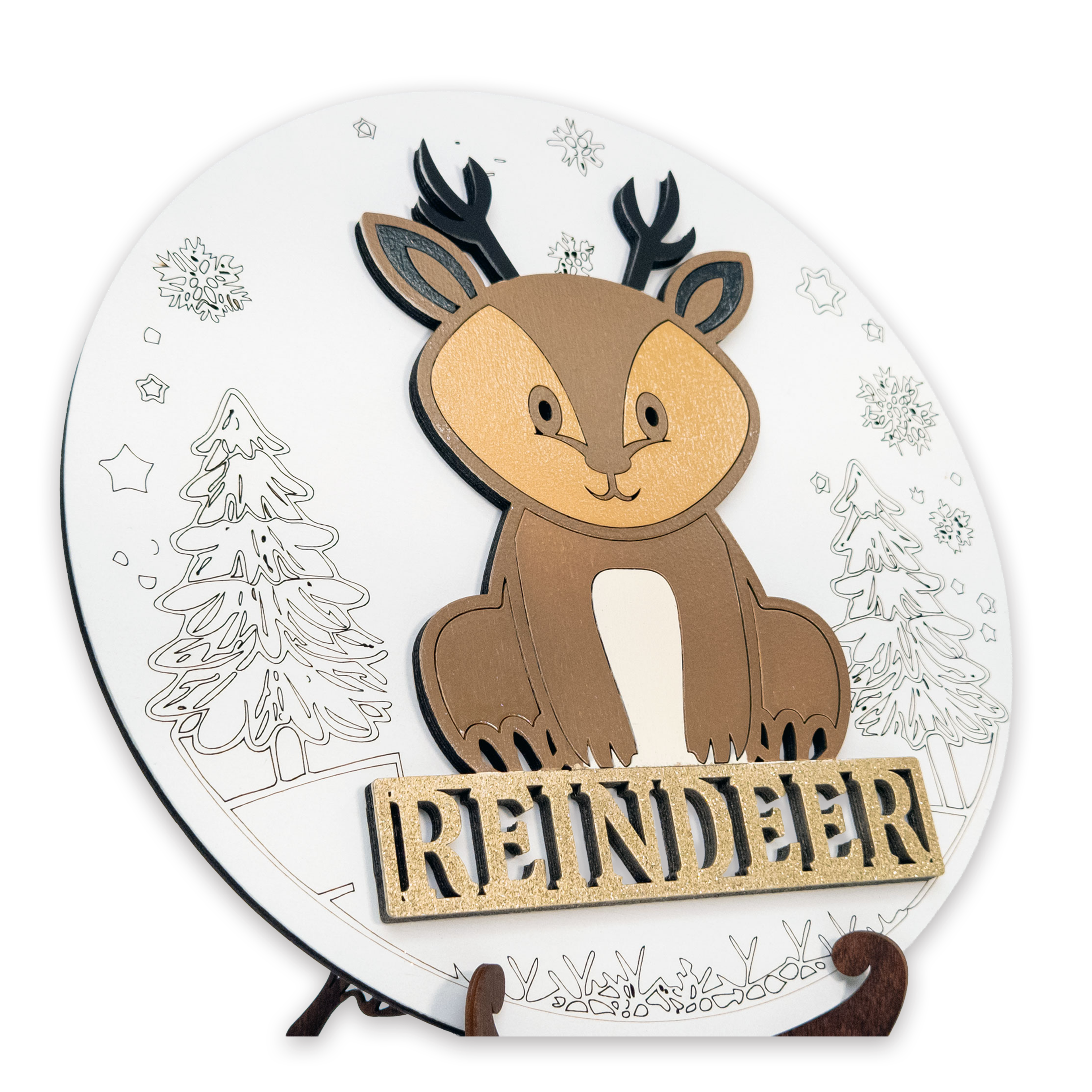 Multilayer 3D laser-cut reindeer name sign wall art, Baltic Birch Plywood