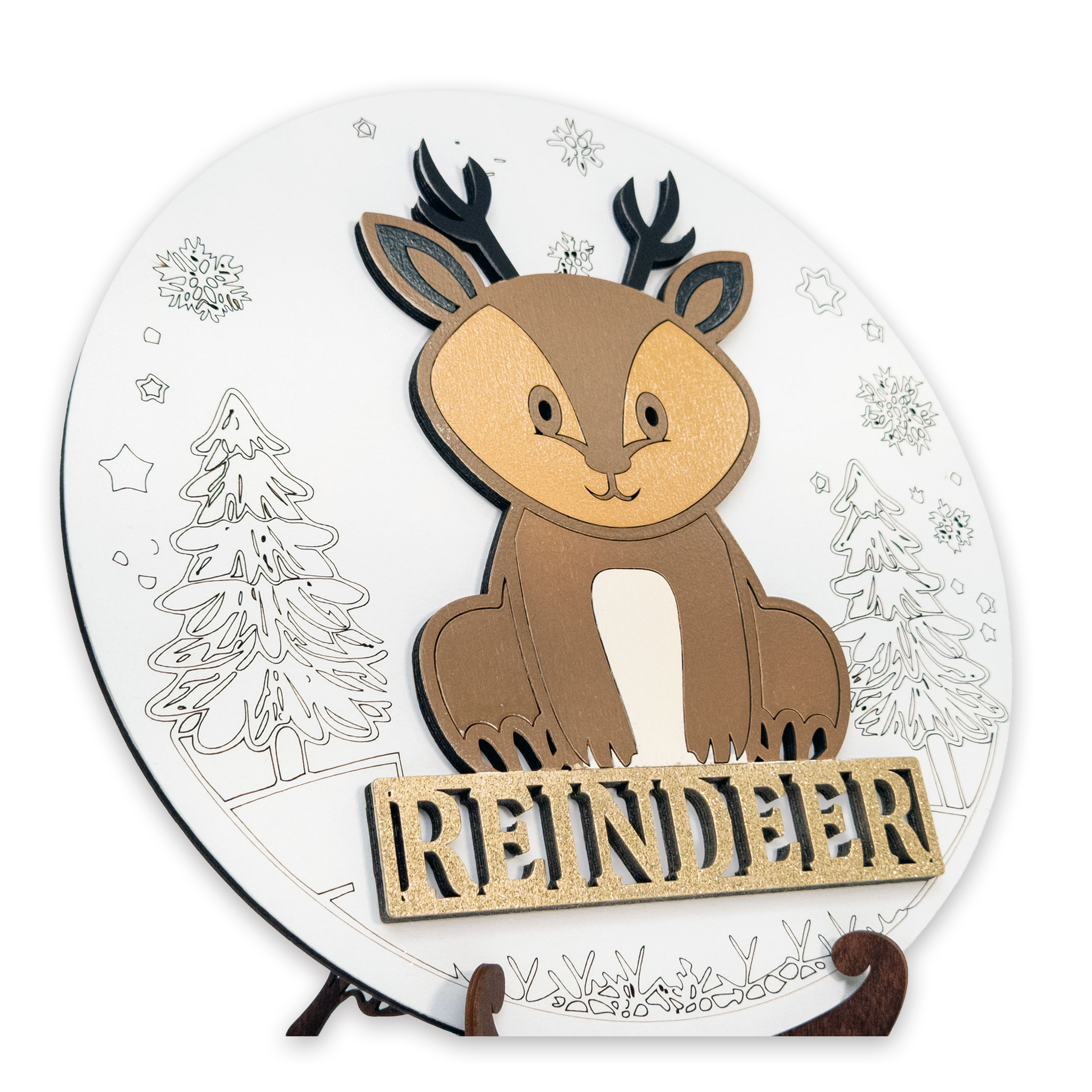 Multilayer 3D laser-cut reindeer name sign wall art, Baltic Birch Plywood