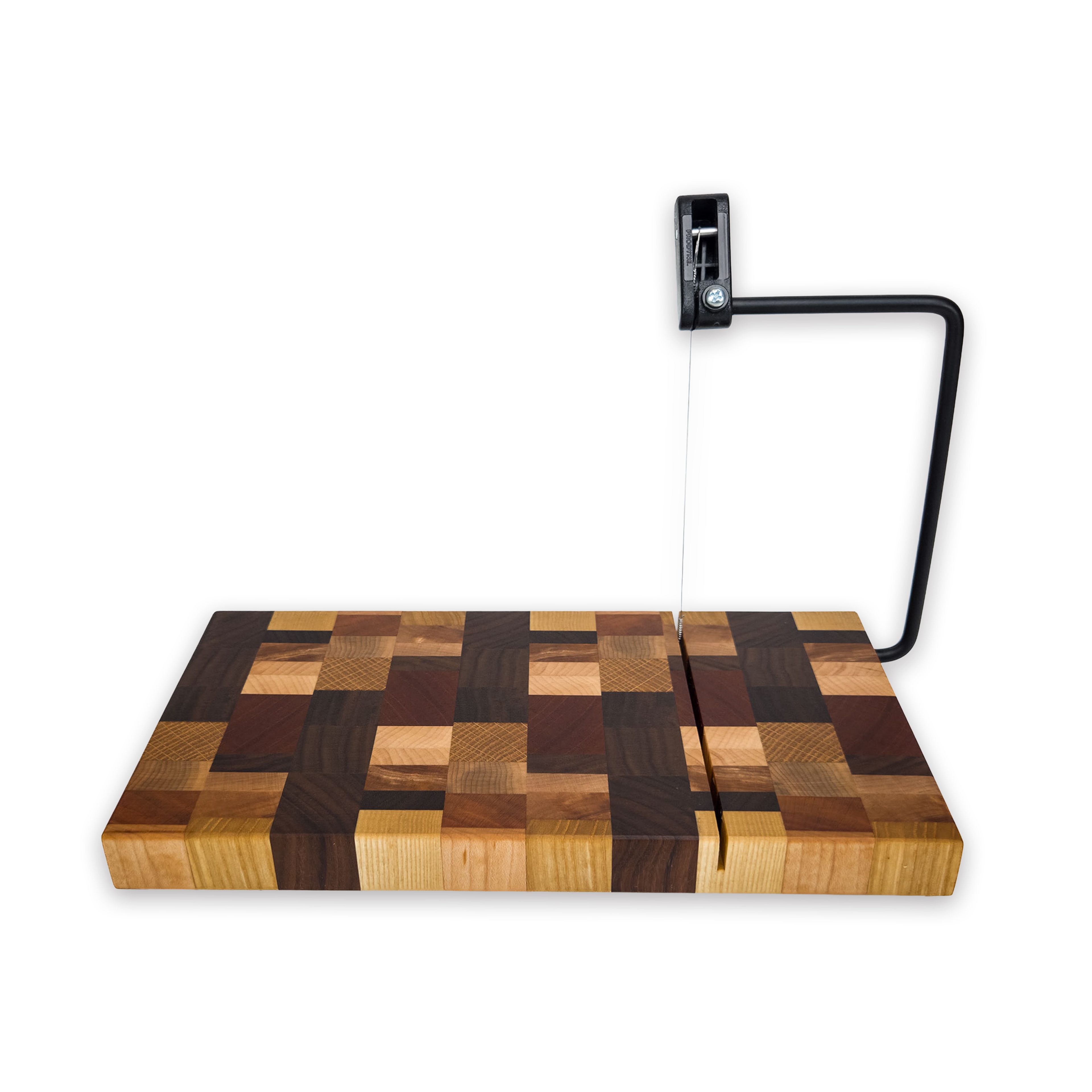 End grain dark mixed hardwood cheese slicer board with wire cutter, oiled hardwood