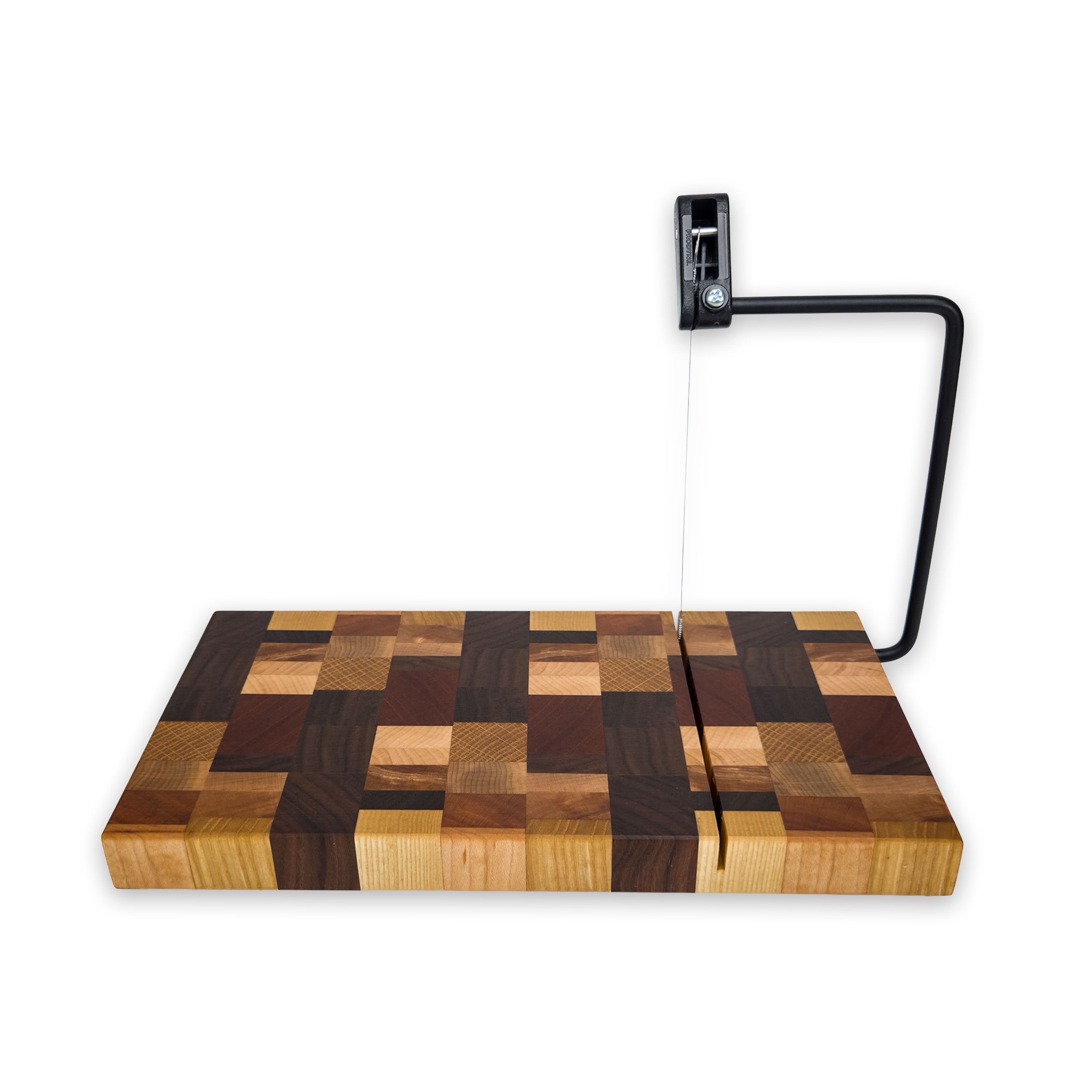 End grain dark mixed hardwood cheese slicer board with wire cutter, oiled hardwood