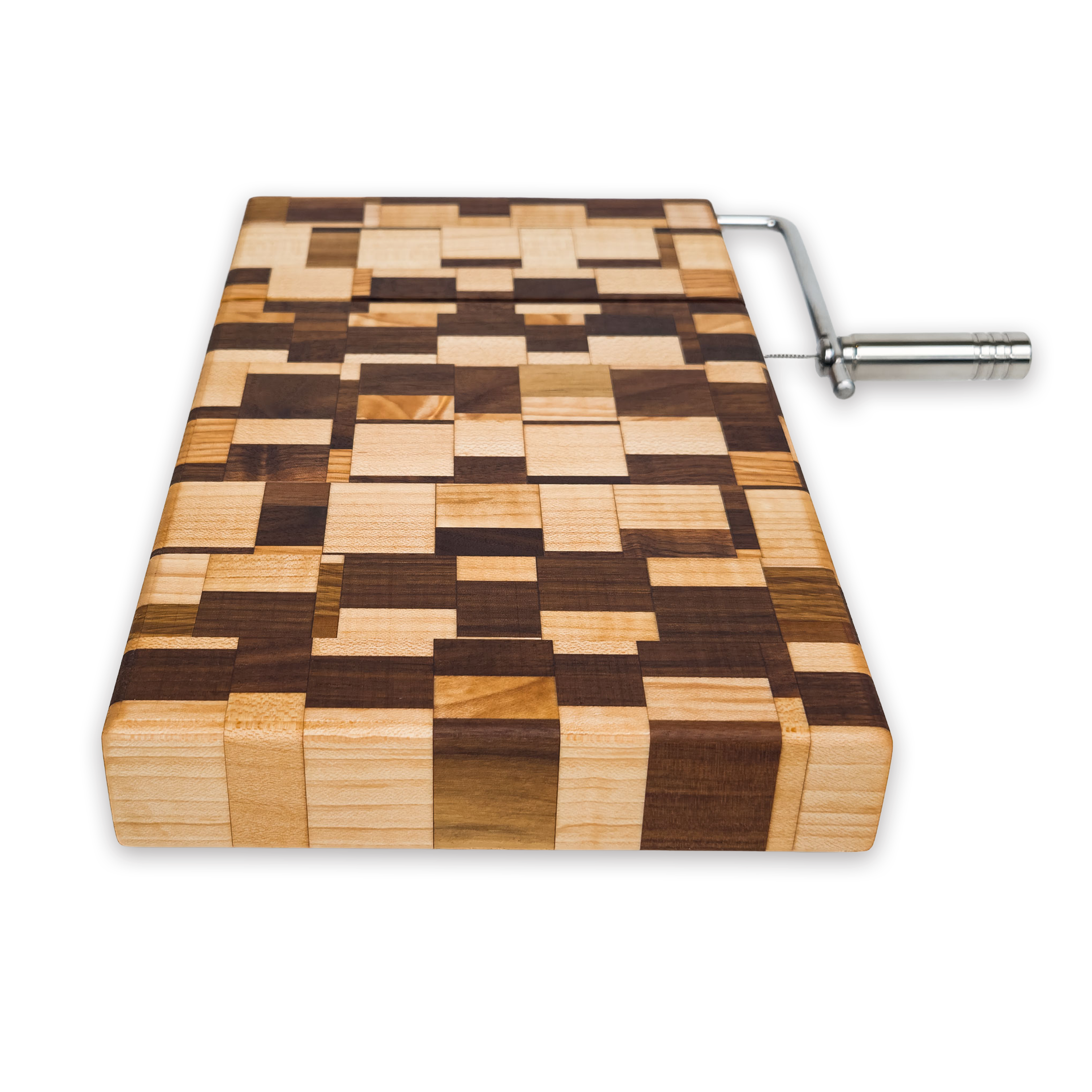 Edge grain maple & walnut cheese slicer board with wire cutter, oiled hardwood