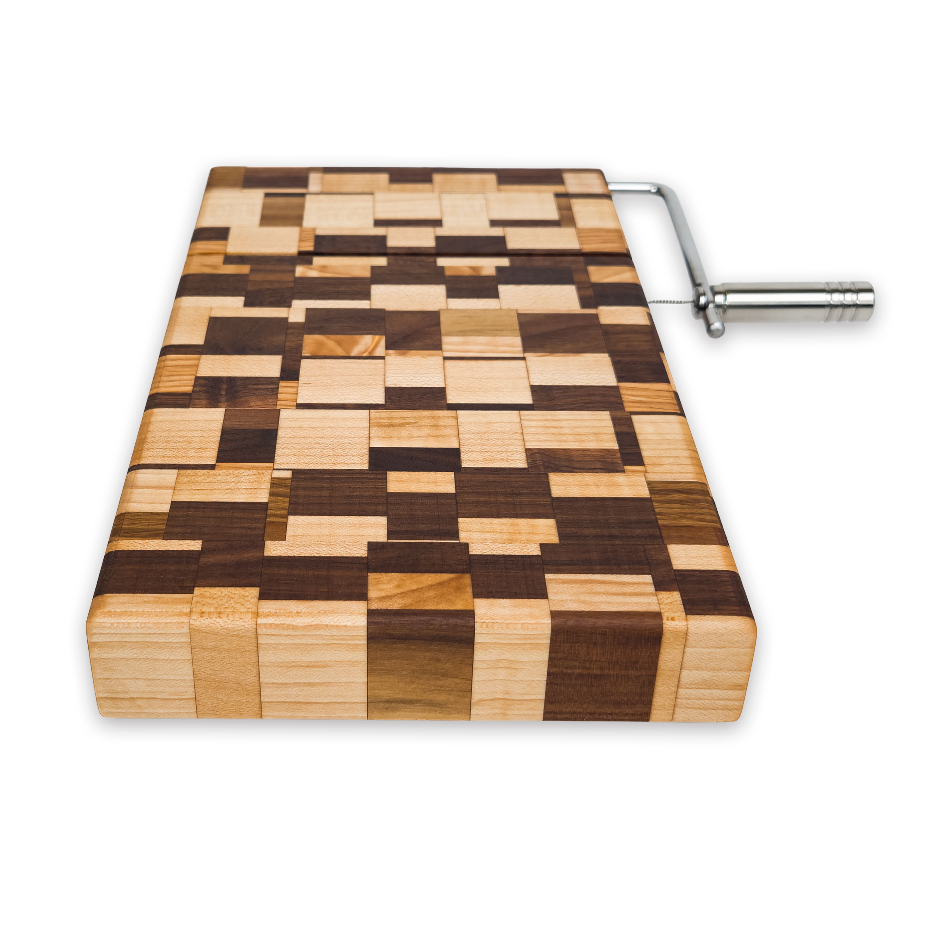 Edge grain maple & walnut cheese slicer board with wire cutter, oiled hardwood