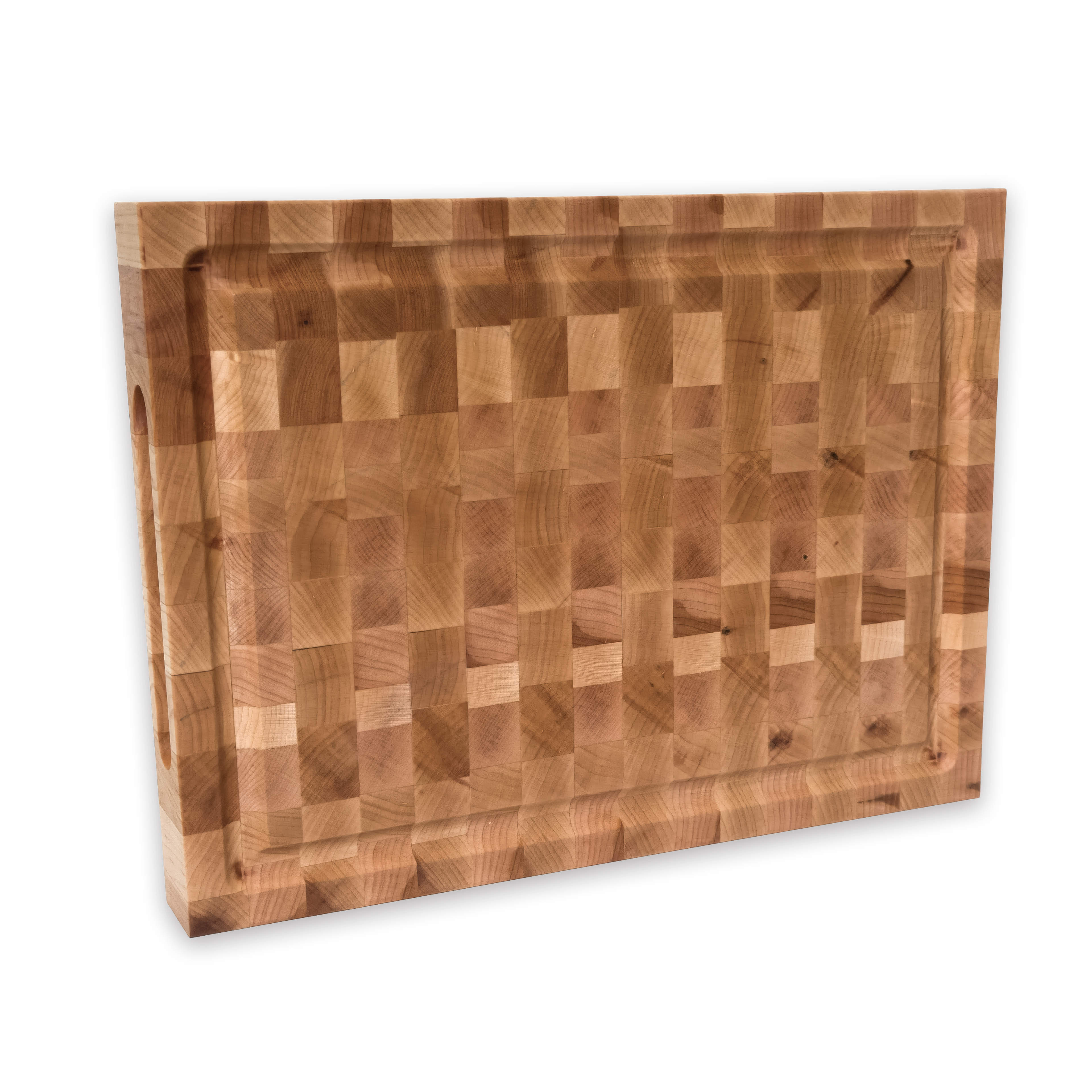 Maple end grain butcher block cutting board with juice groove — 12 × 9 in