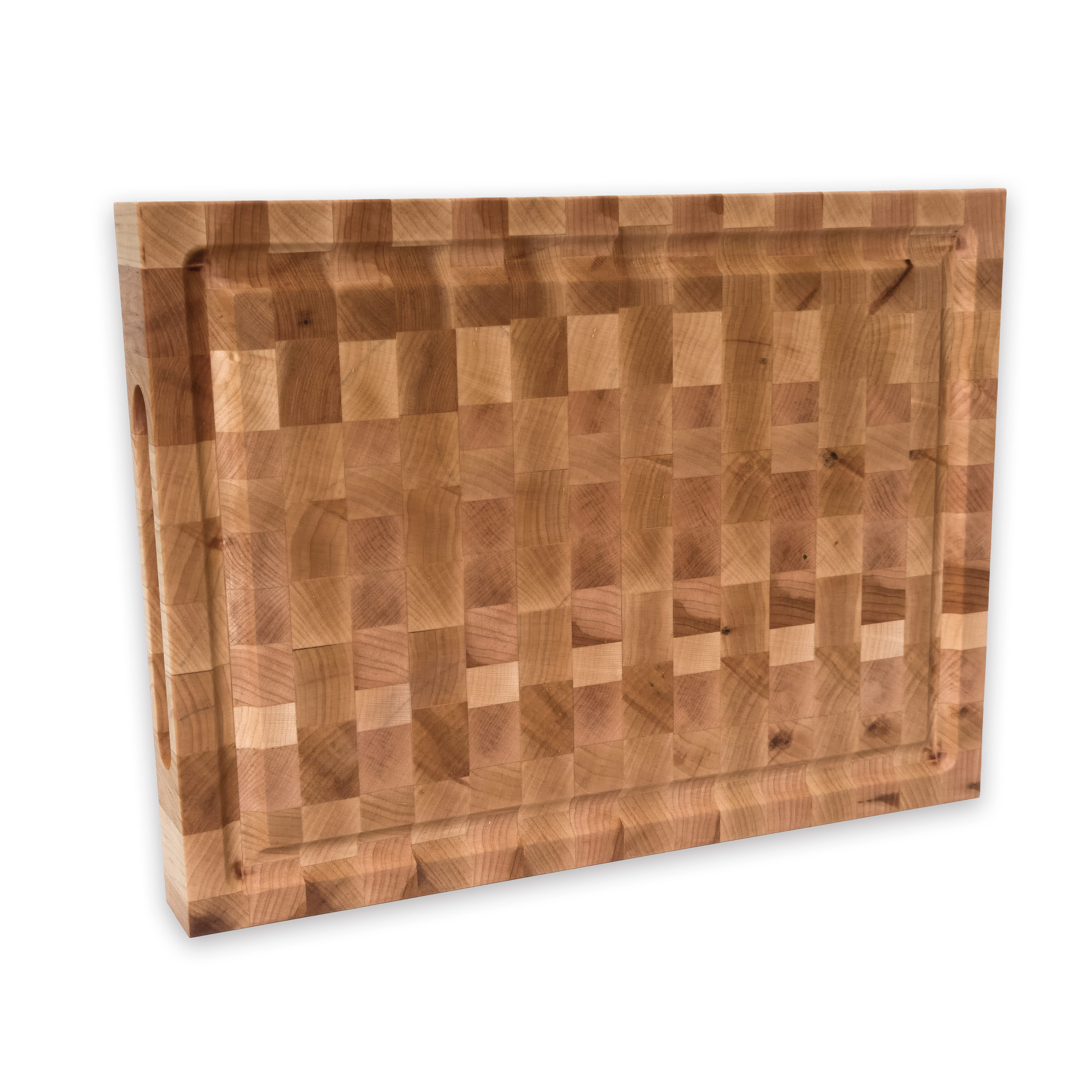 Maple end grain butcher block cutting board with juice groove — 12 × 9 in