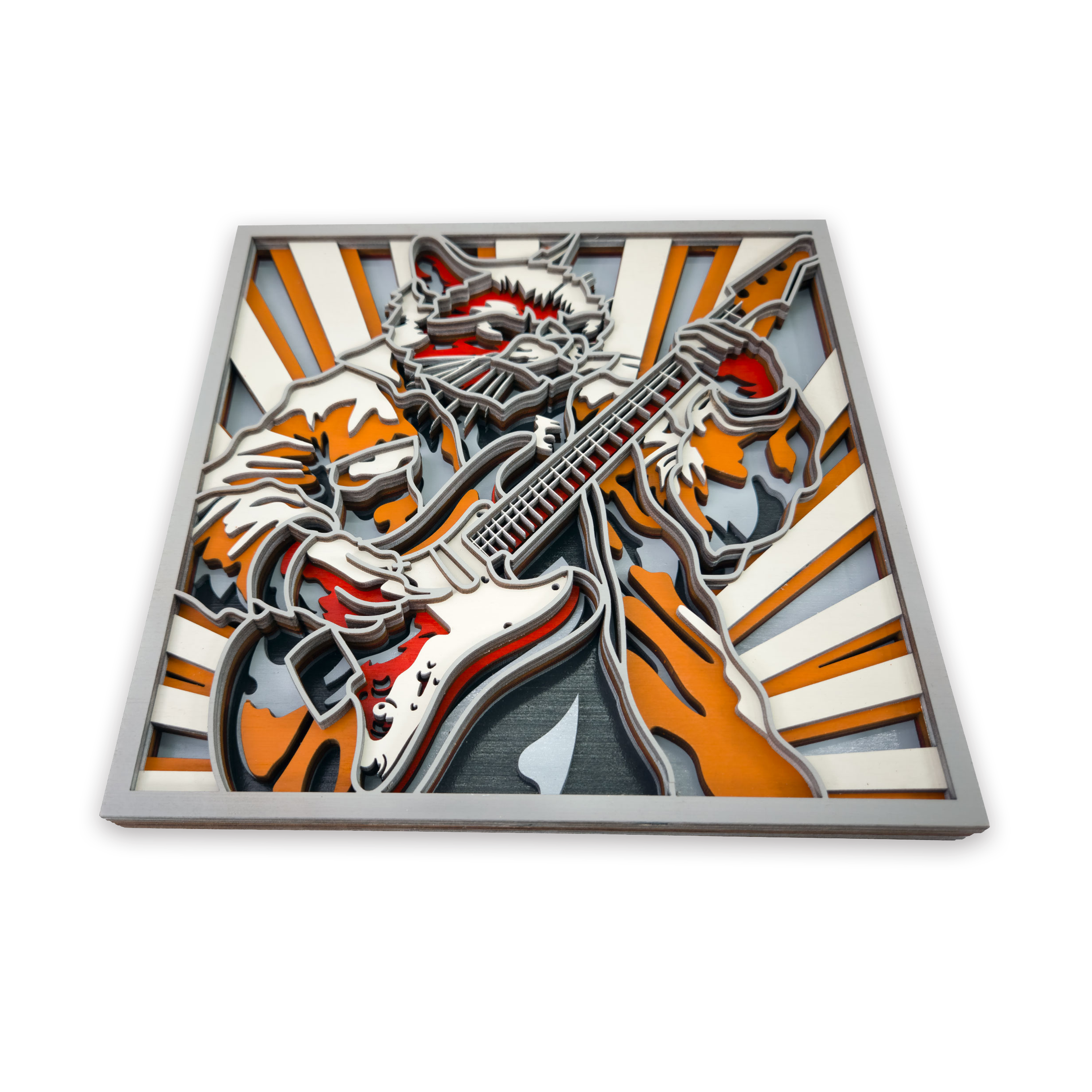 Multilayer 3D laser-cut guitar cat wall art, Baltic Birch Plywood