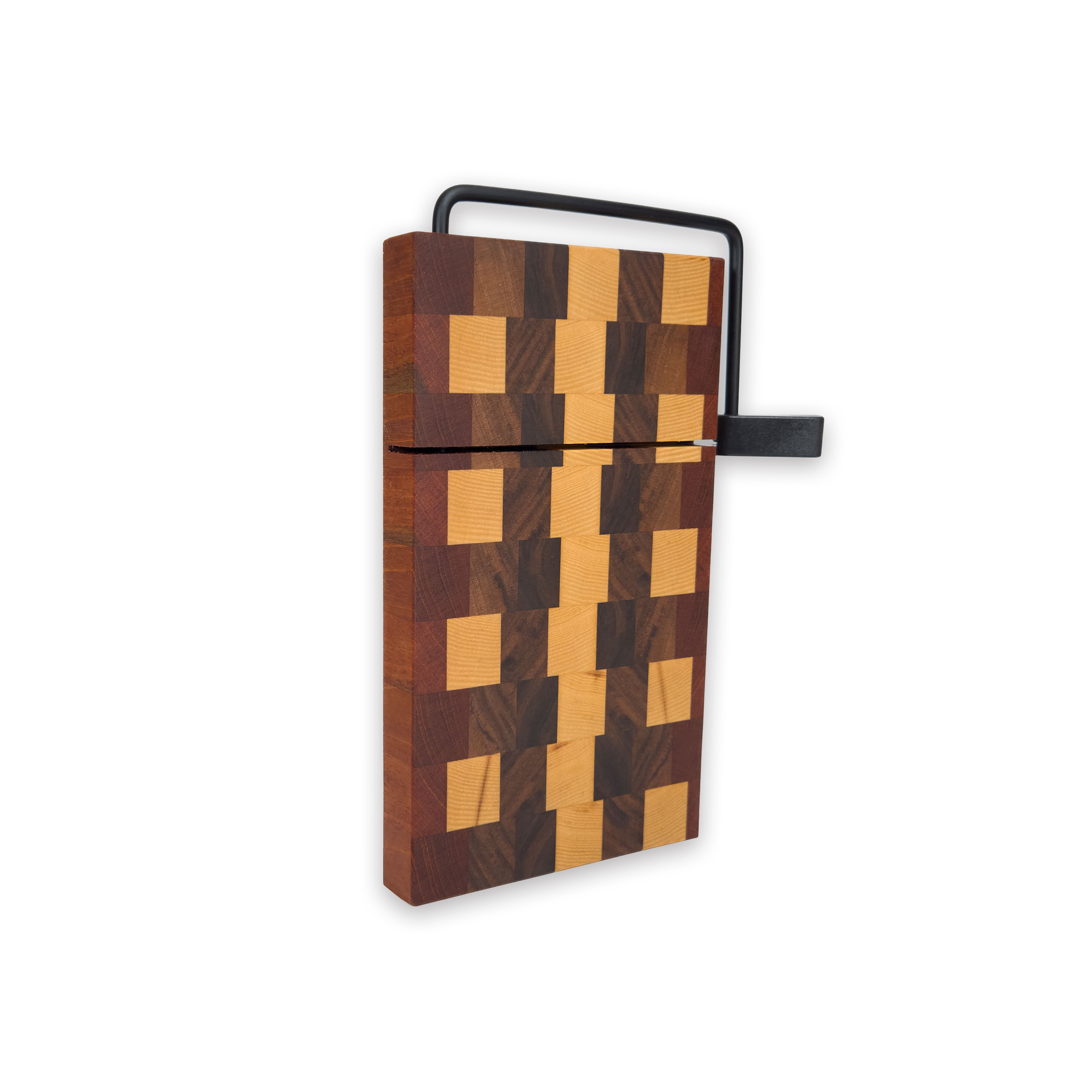 End grain maple, walnut & cherry cheese slicer board with wire cutter, oiled hardwood
