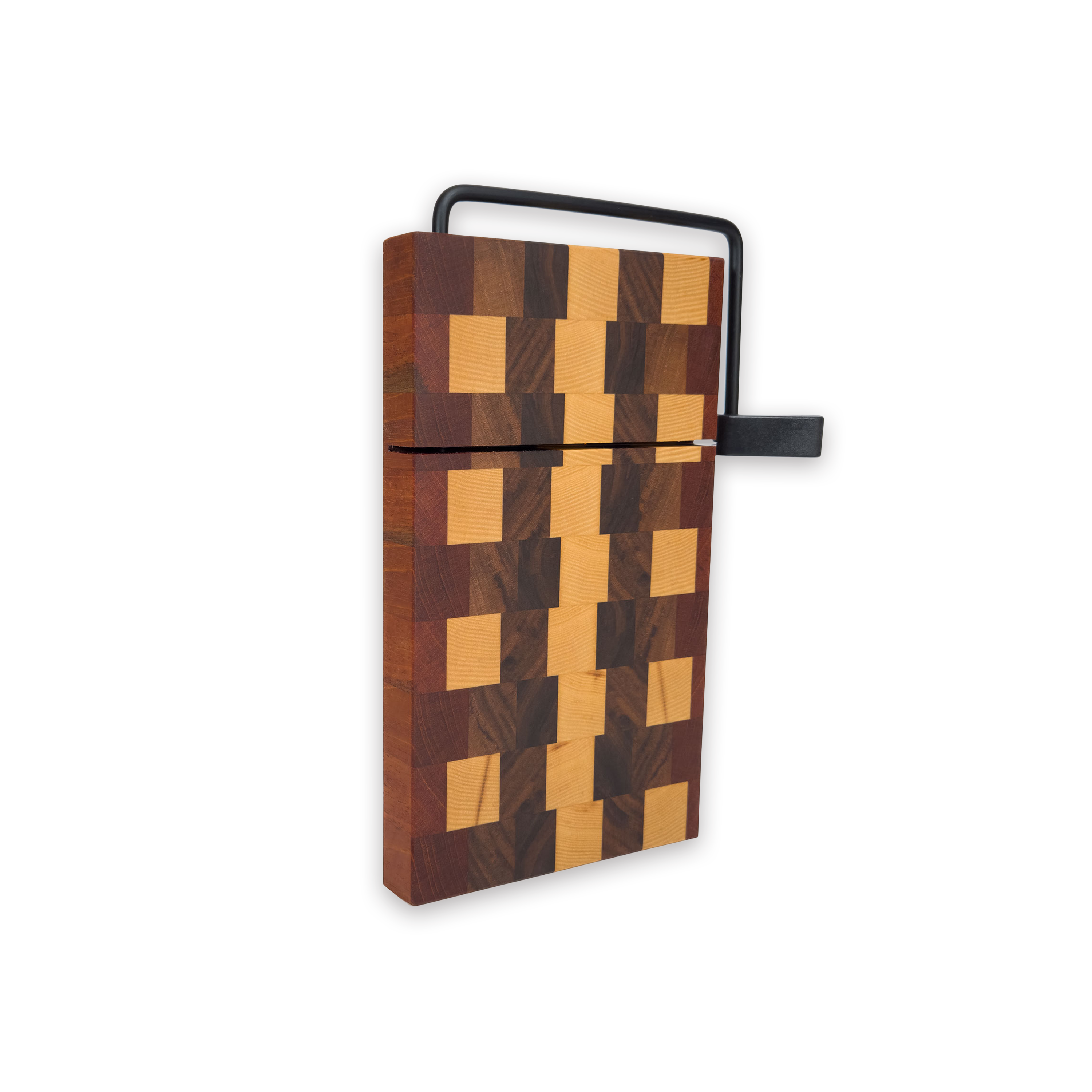 End grain maple, walnut & cherry cheese slicer board with wire cutter, oiled hardwood