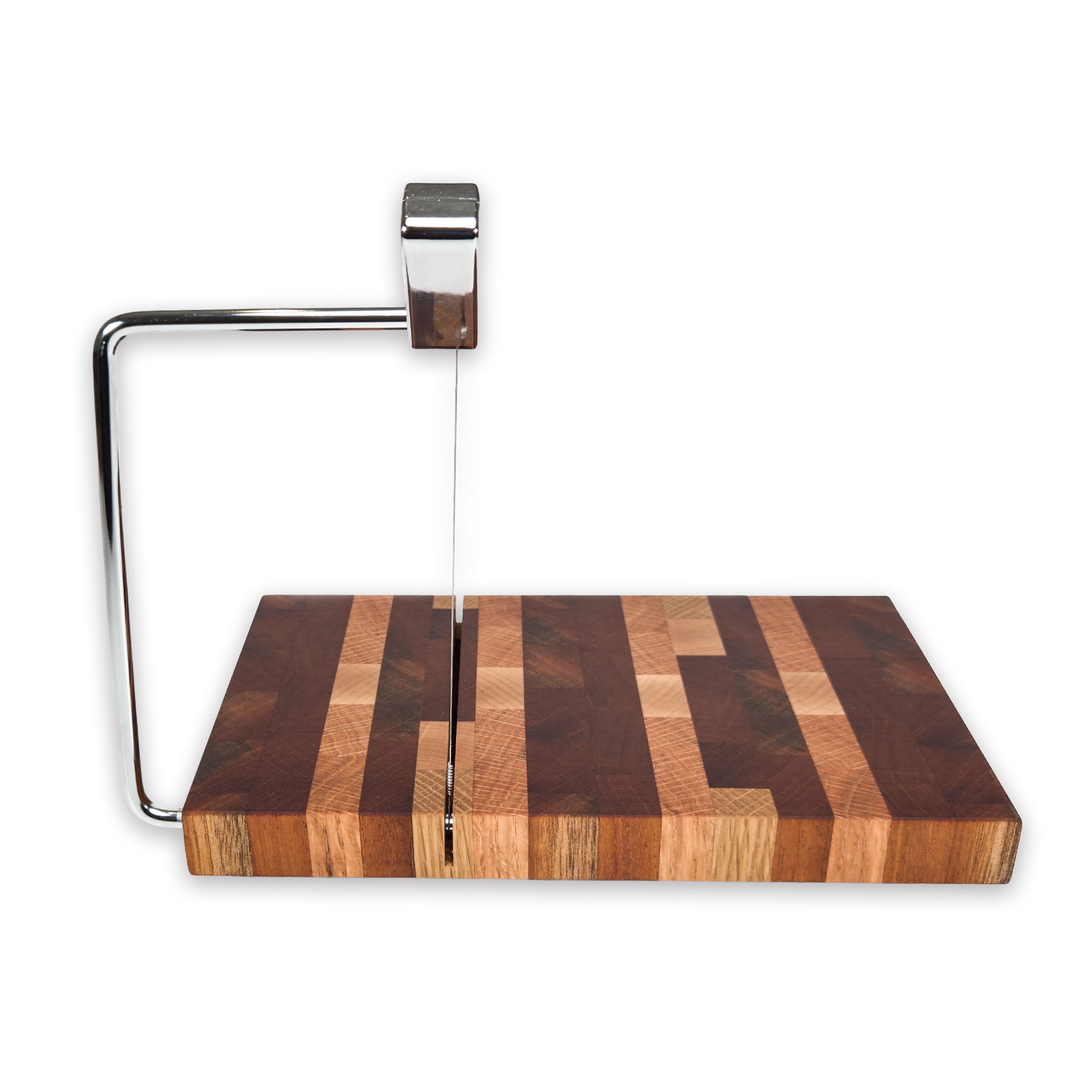 End grain oak, cherry & walnut cheese slicer board with wire cutter, oiled hardwood
