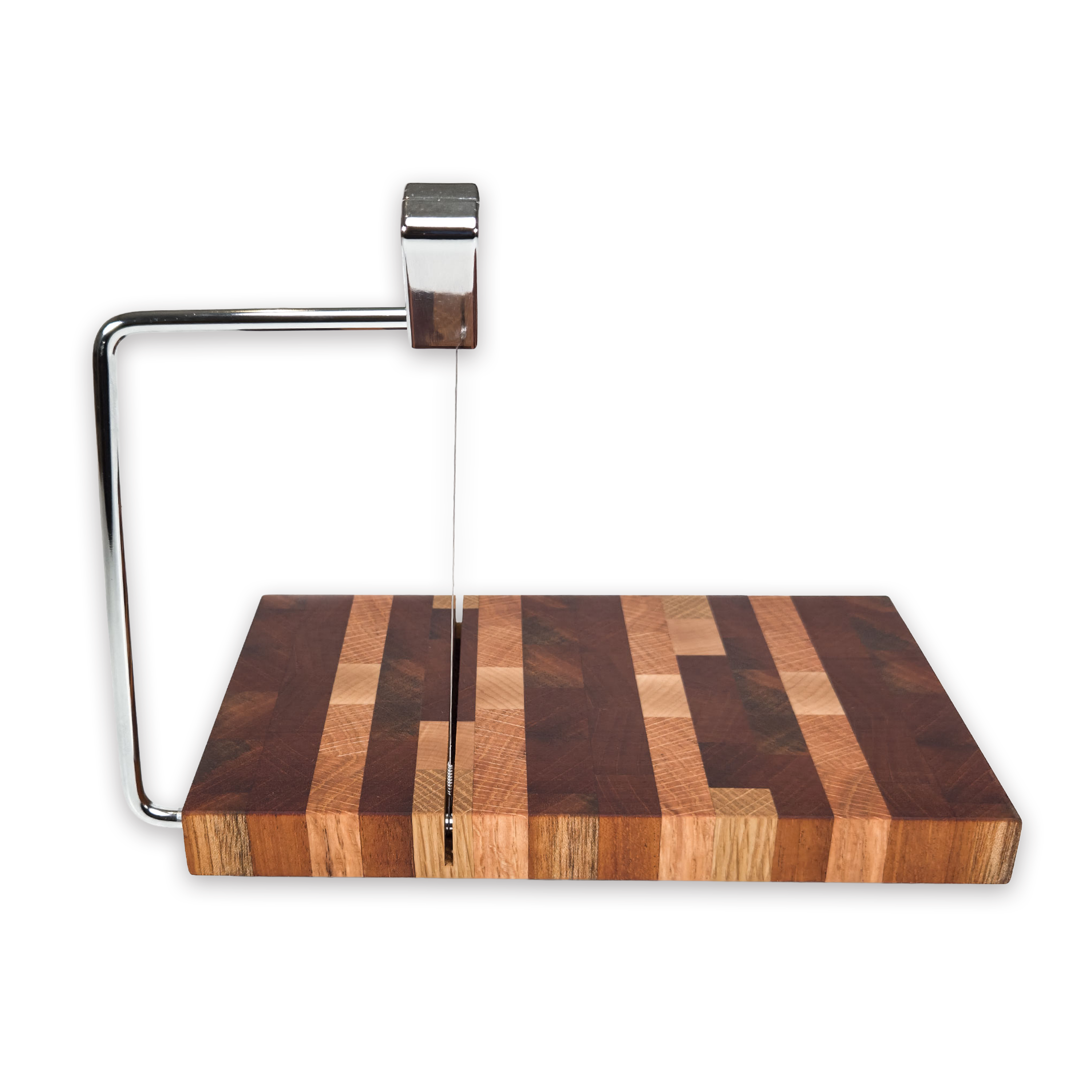 End grain oak, cherry & walnut cheese slicer board with wire cutter, oiled hardwood