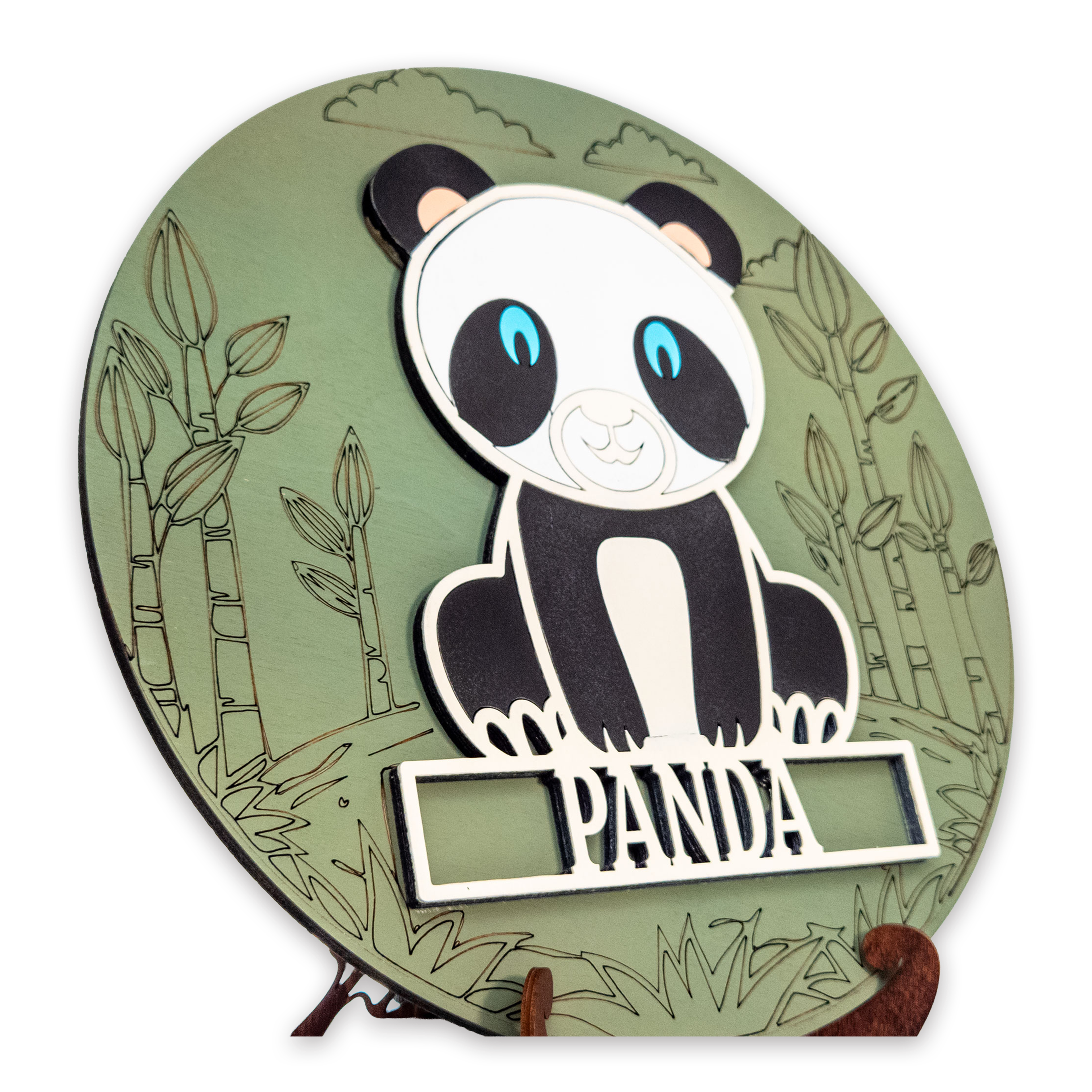 Multilayer 3D laser-cut panda name sign wall art, Baltic Birch Plywood