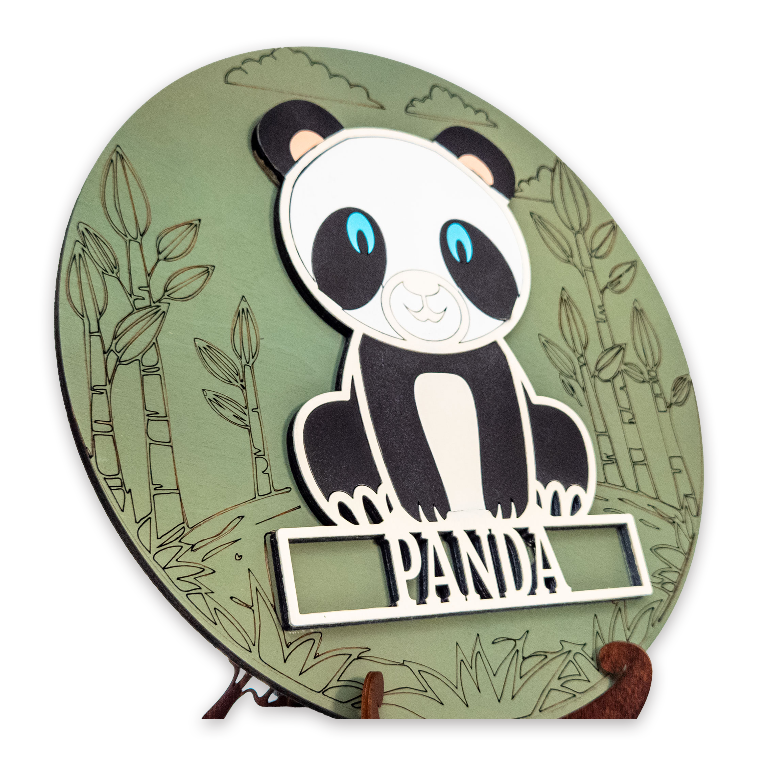Multilayer 3D laser-cut panda name sign wall art, Baltic Birch Plywood