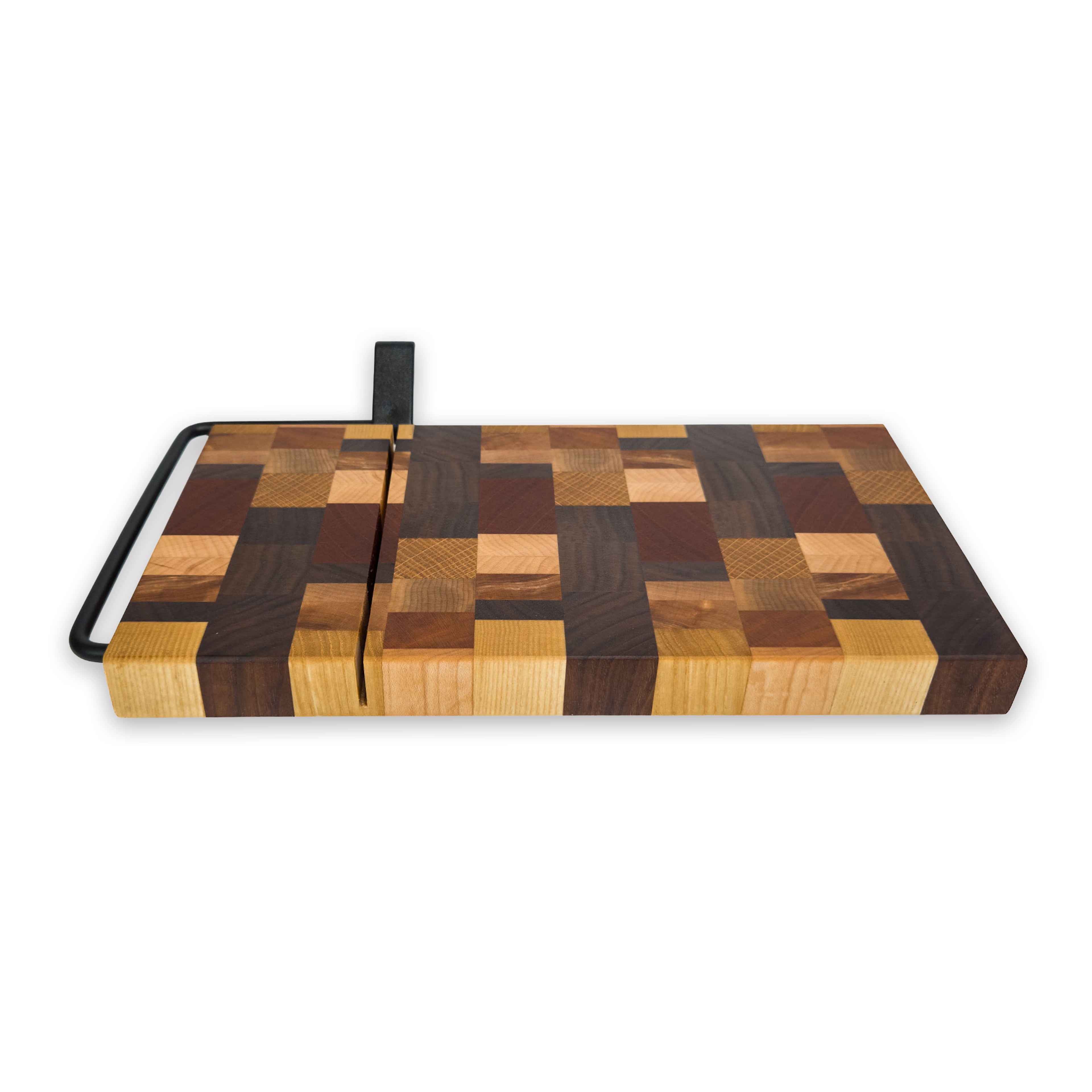 End grain dark mixed hardwood cheese slicer board with wire cutter, oiled hardwood