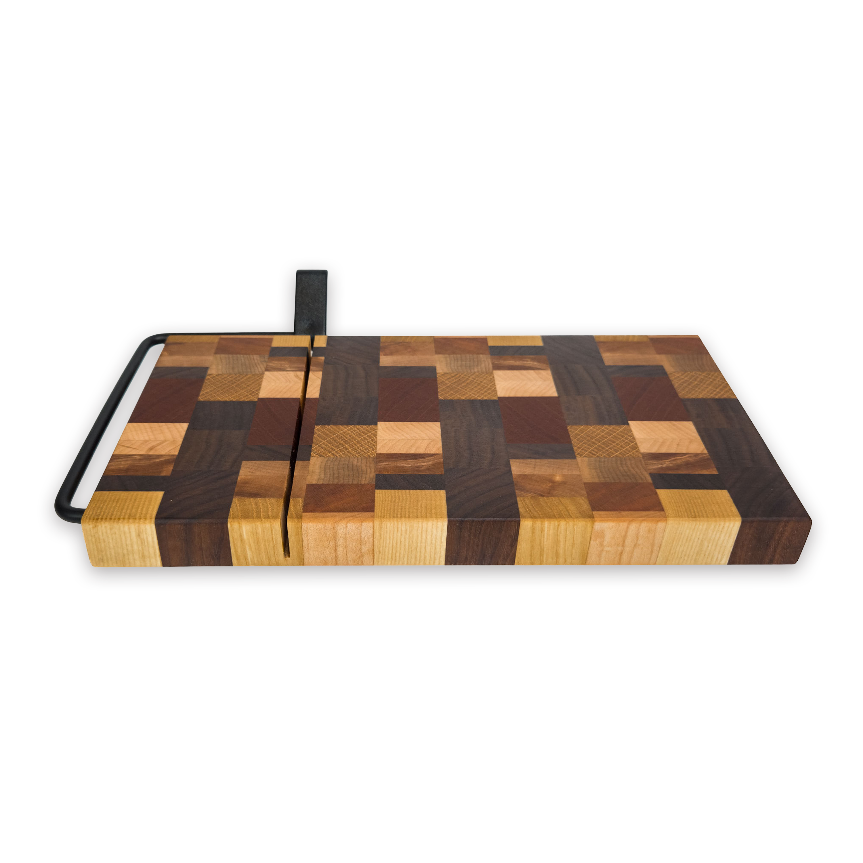End grain dark mixed hardwood cheese slicer board with wire cutter, oiled hardwood