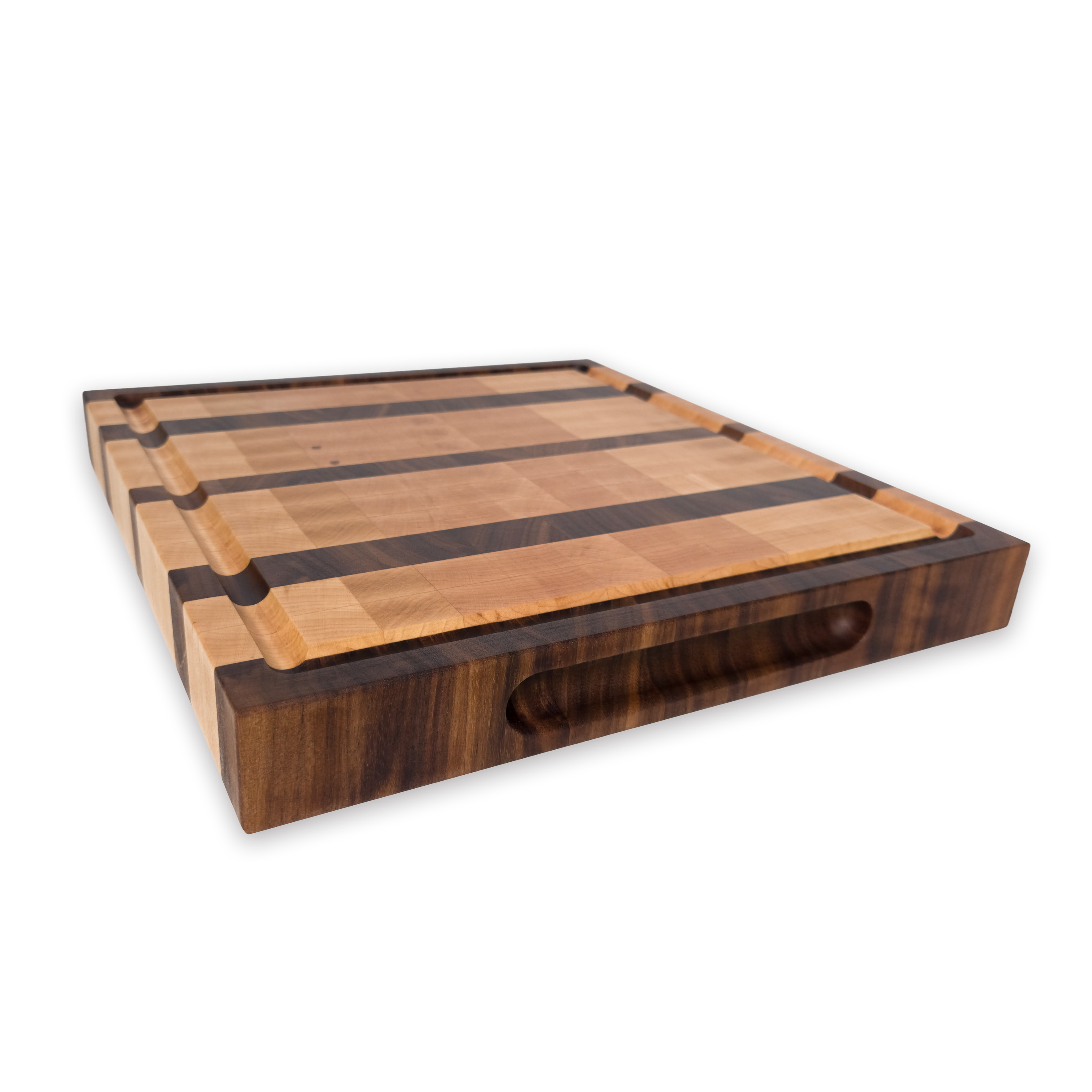 Maple and walnut end grain butcher block cutting board with juice groove