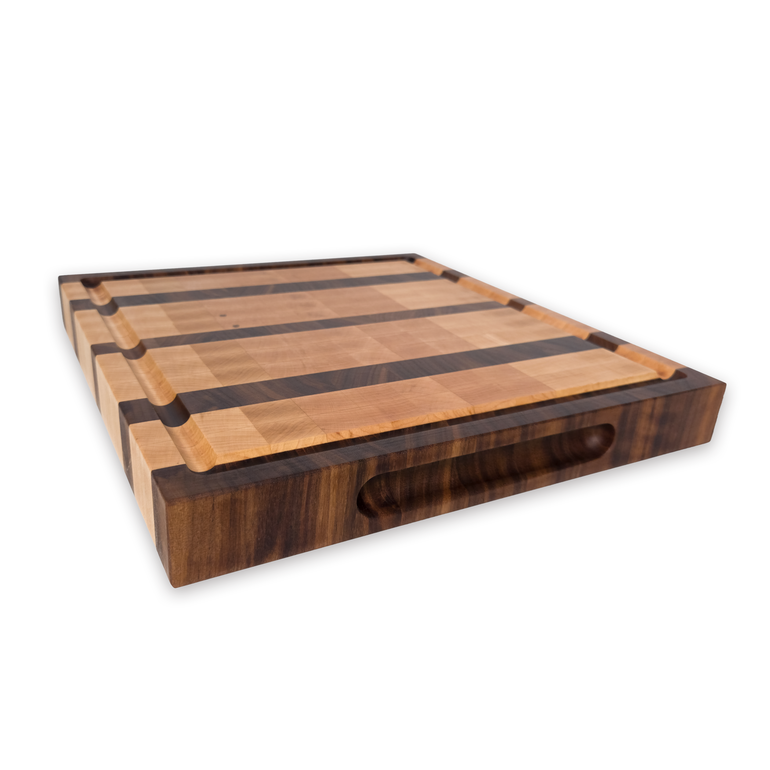 Maple and walnut end grain butcher block cutting board with juice groove