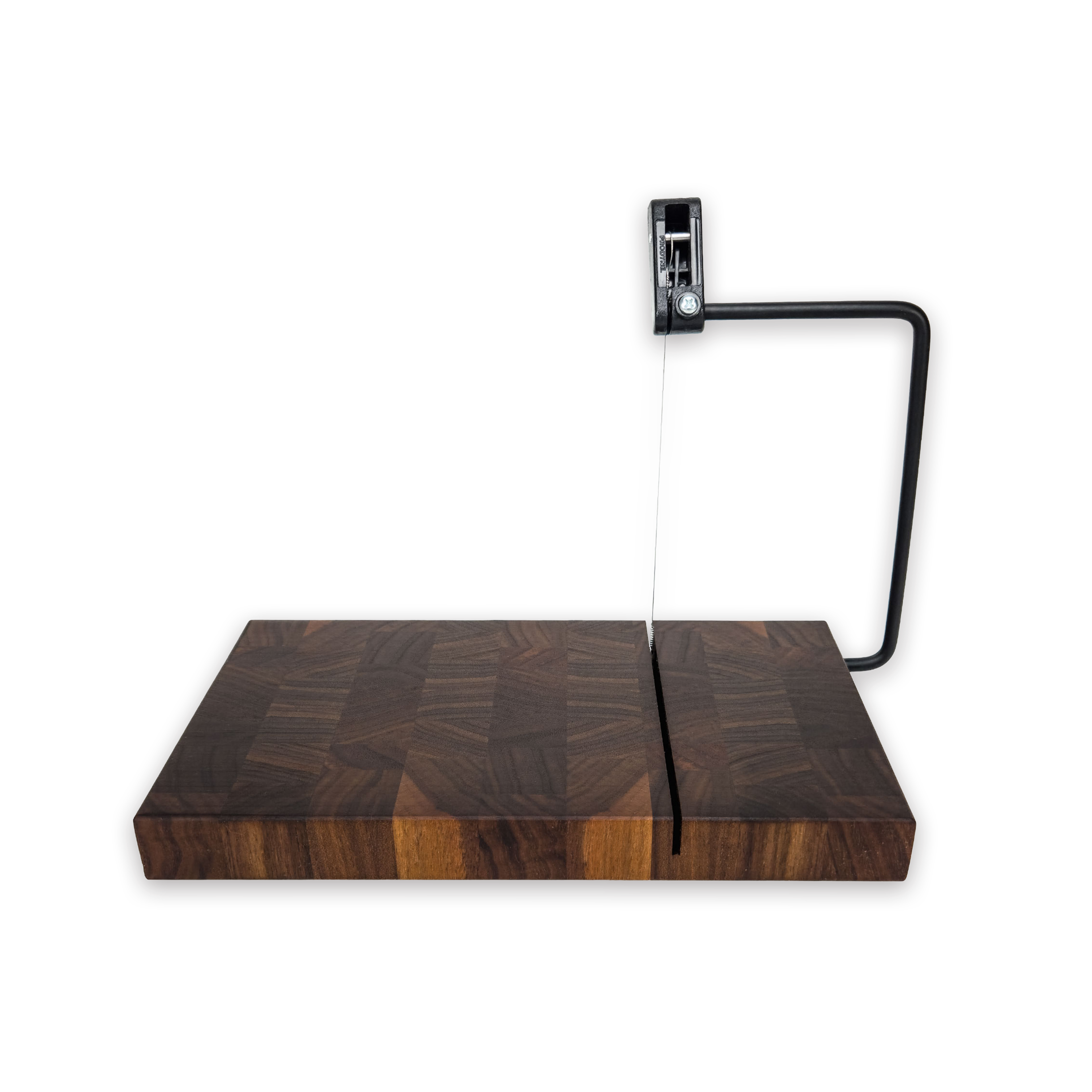 End grain solid walnut cheese slicer board with wire cutter, oiled hardwood