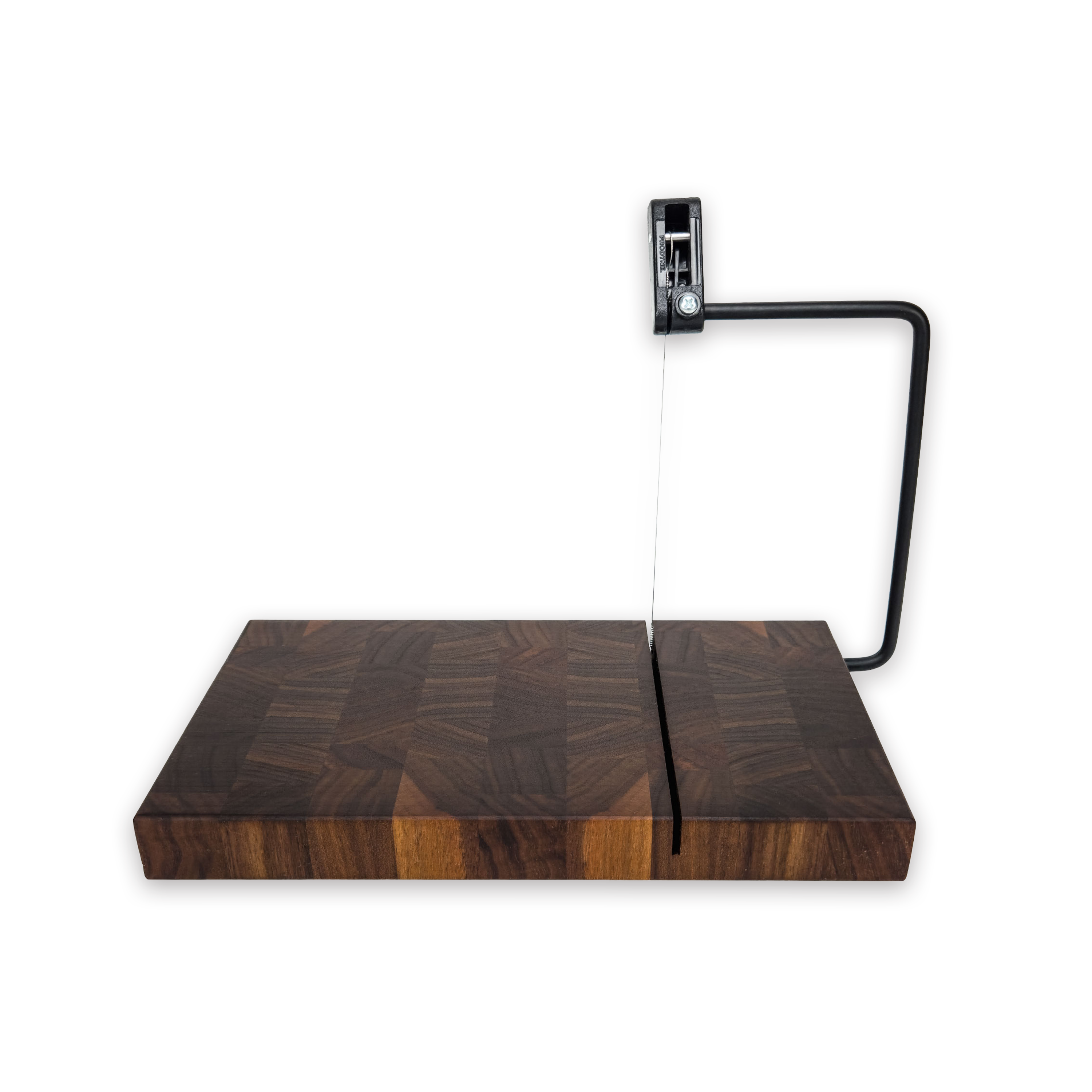 End grain solid walnut cheese slicer board with wire cutter, oiled hardwood