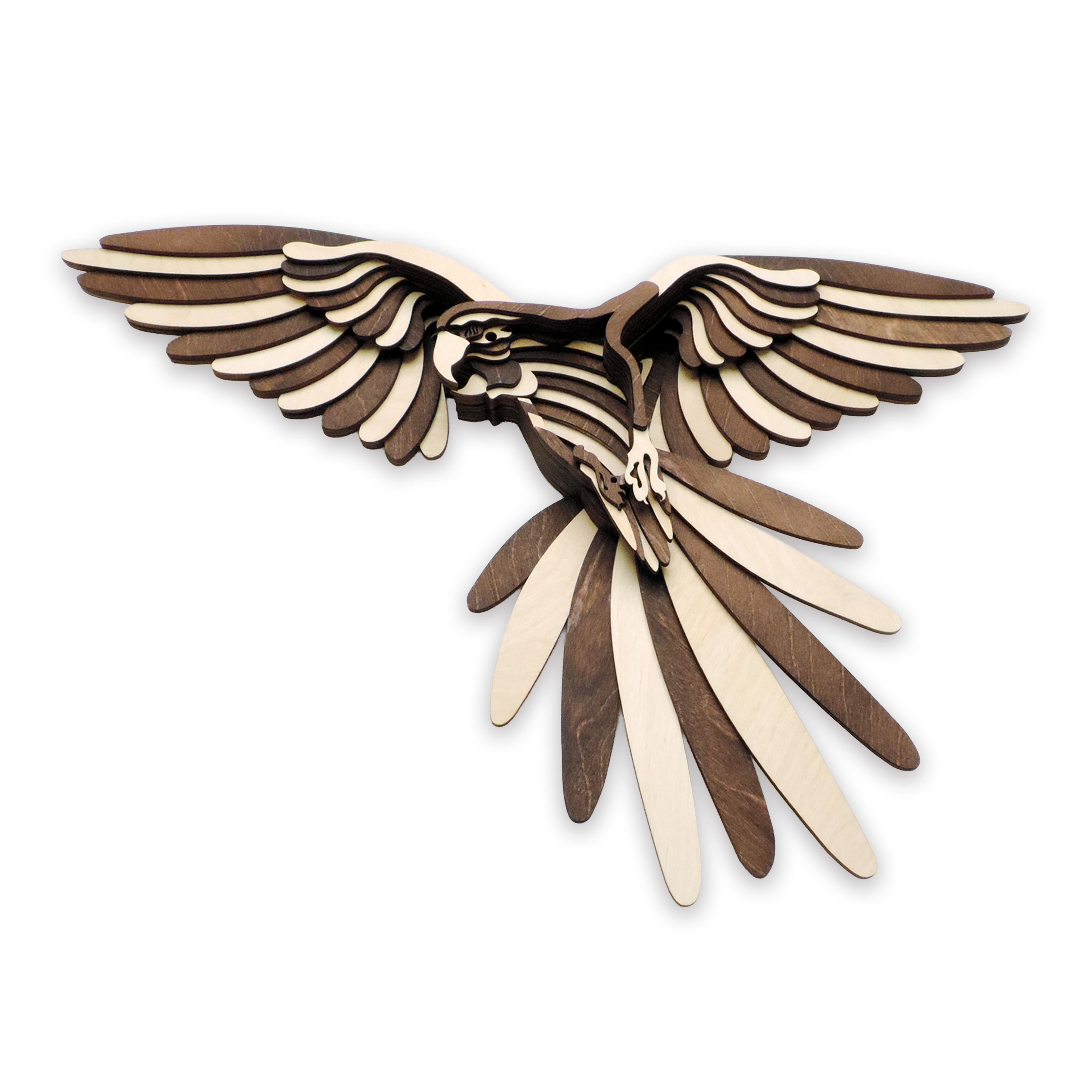 Multilayer 3D laser-cut macaw wall art, Baltic Birch Plywood — walnut maple, small (12 × 7.5 in)