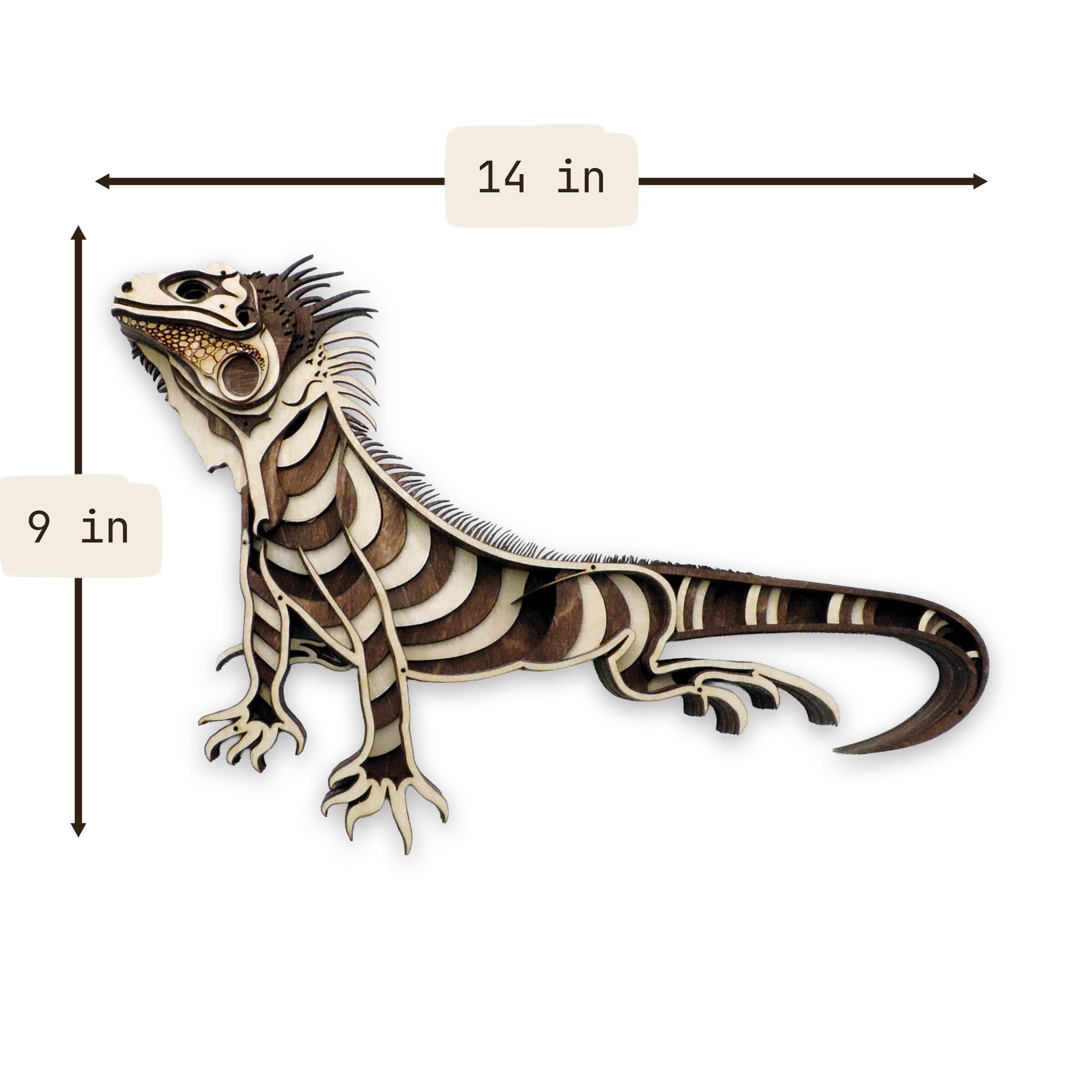 Multilayer 3D laser-cut iguana wall art, Baltic Birch Plywood — walnut maple, medium (14 × 9 in)