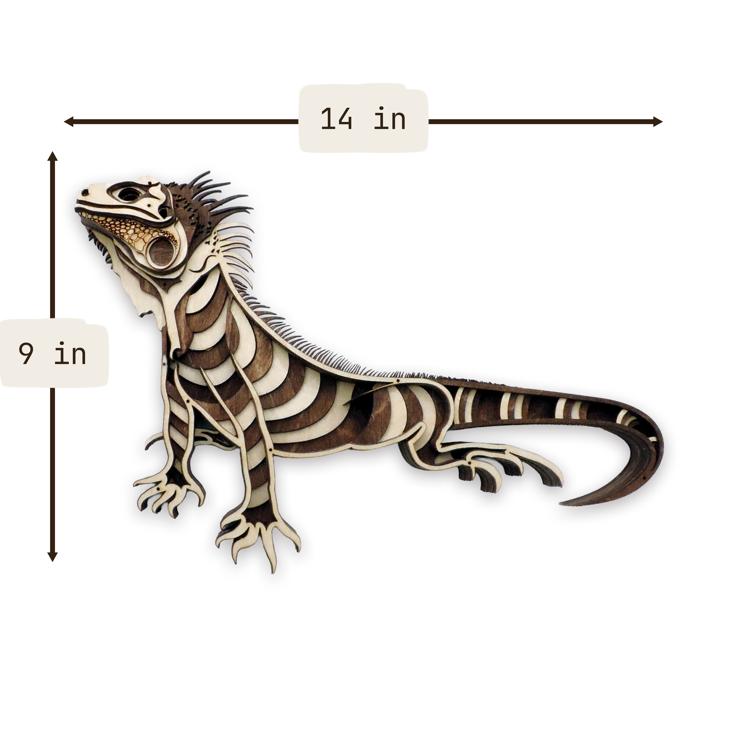 Multilayer 3D laser-cut iguana wall art, Baltic Birch Plywood — walnut maple, medium (14 × 9 in)