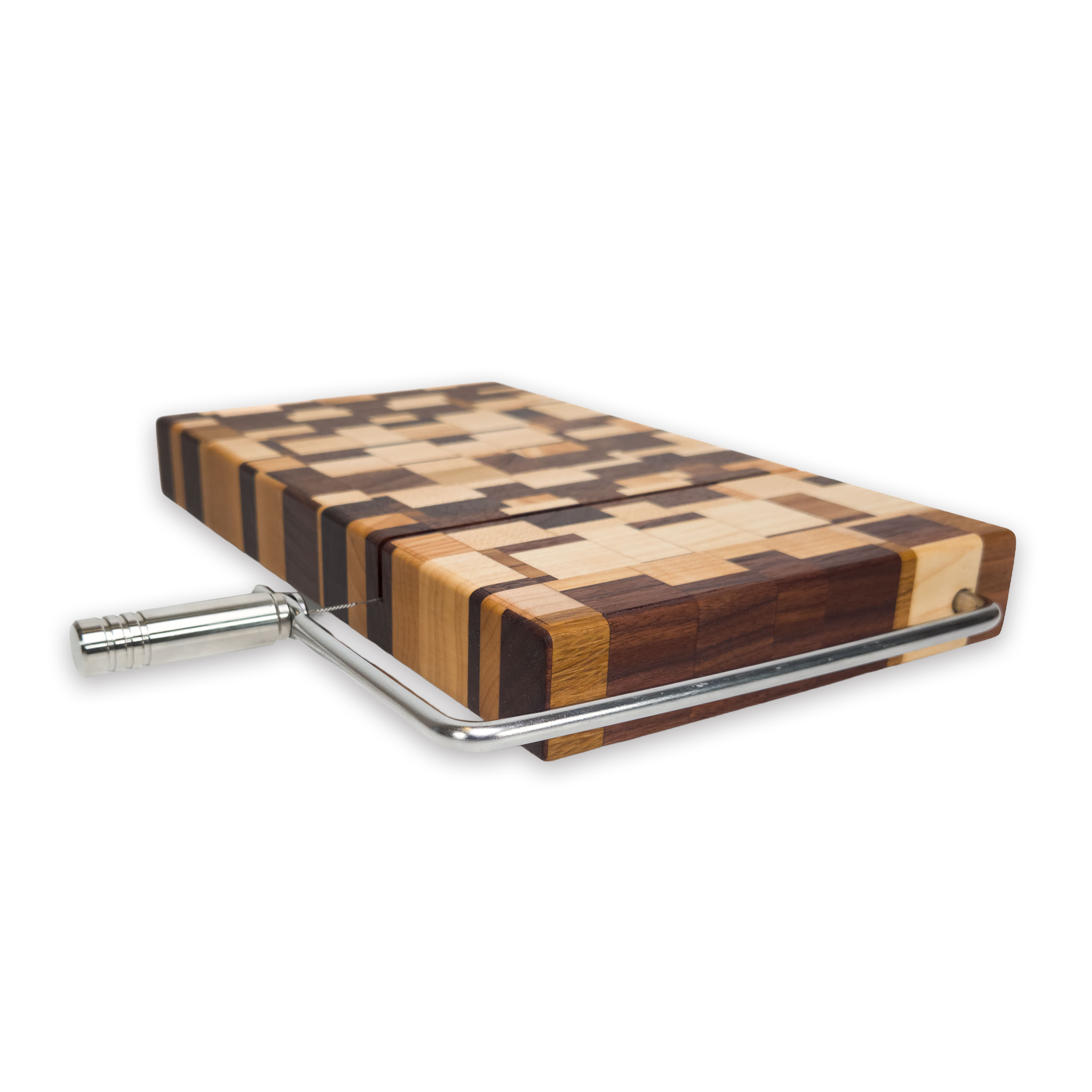 Edge grain maple & walnut cheese slicer board with wire cutter, oiled hardwood