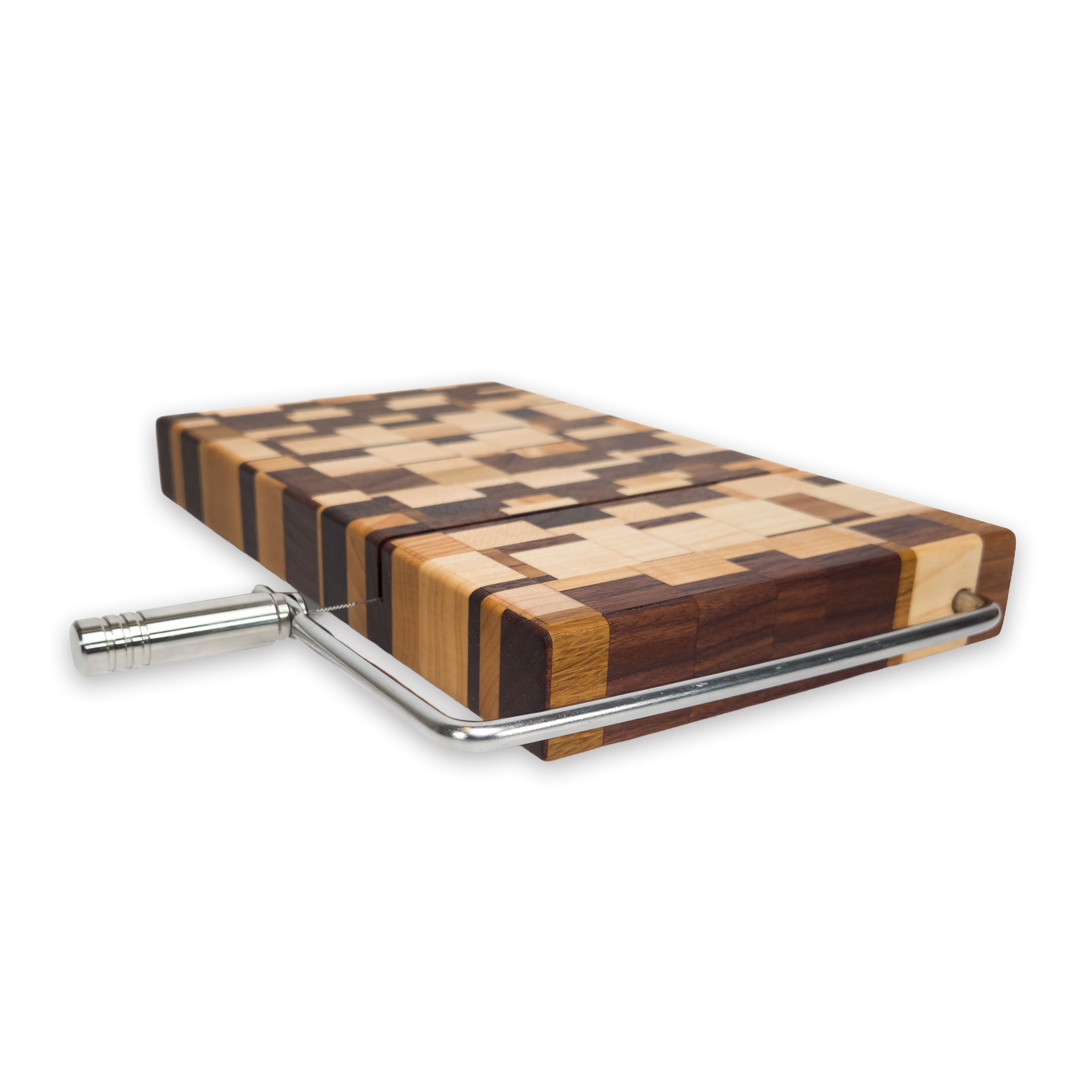 Edge grain maple & walnut cheese slicer board with wire cutter, oiled hardwood