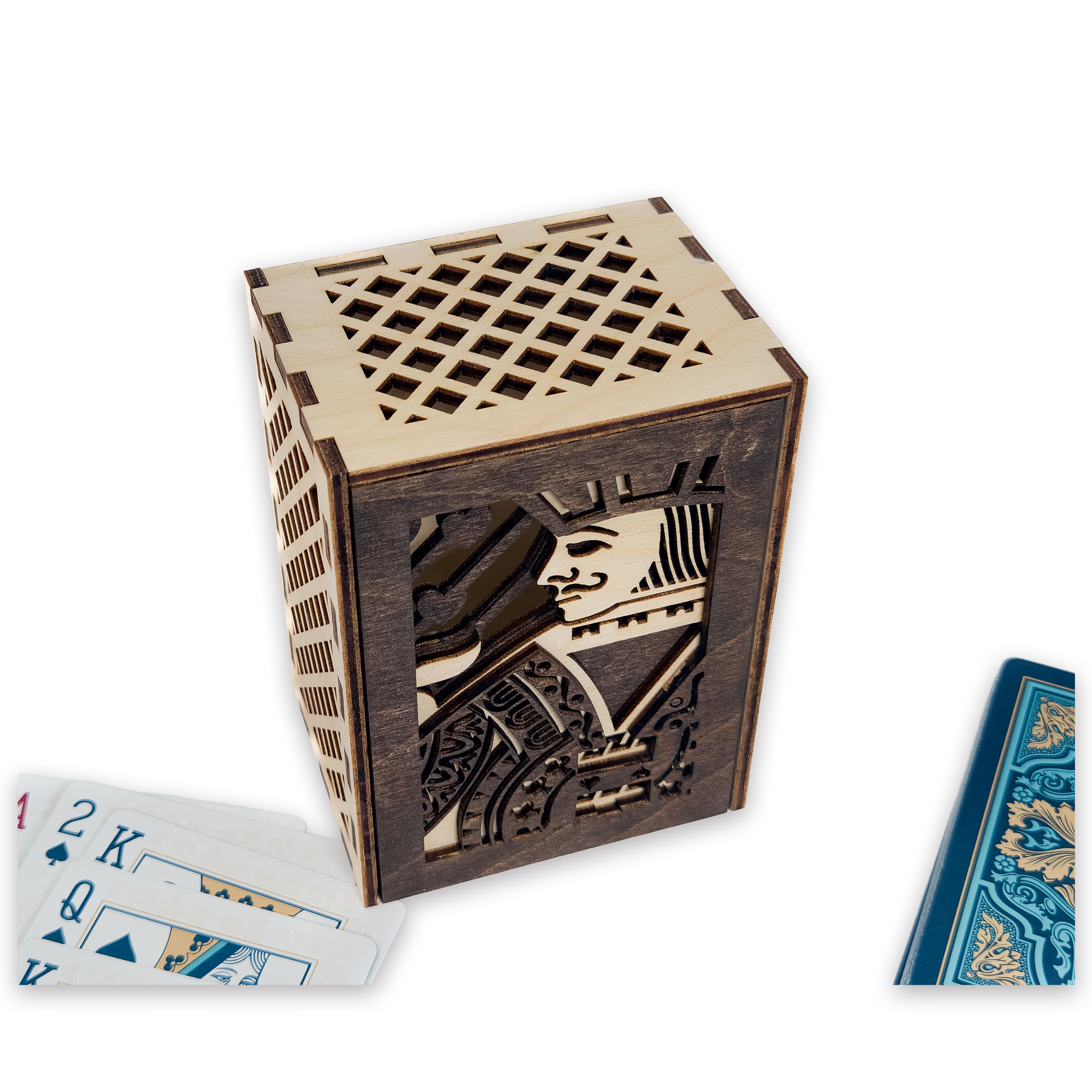 Laser-cut jack of hearts poker card box, walnut & maple birch plywood