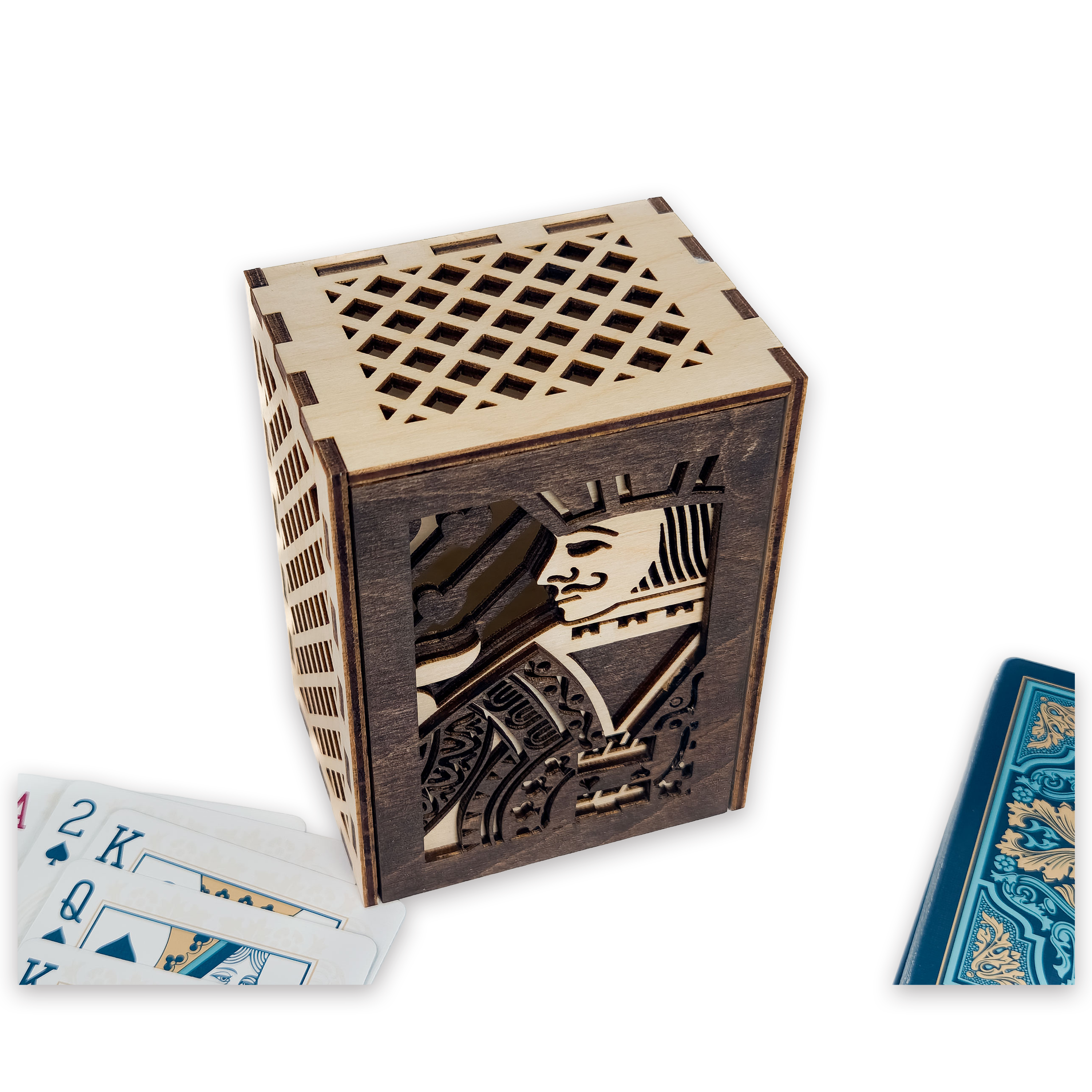 Laser-cut jack of hearts poker card box, walnut & maple birch plywood