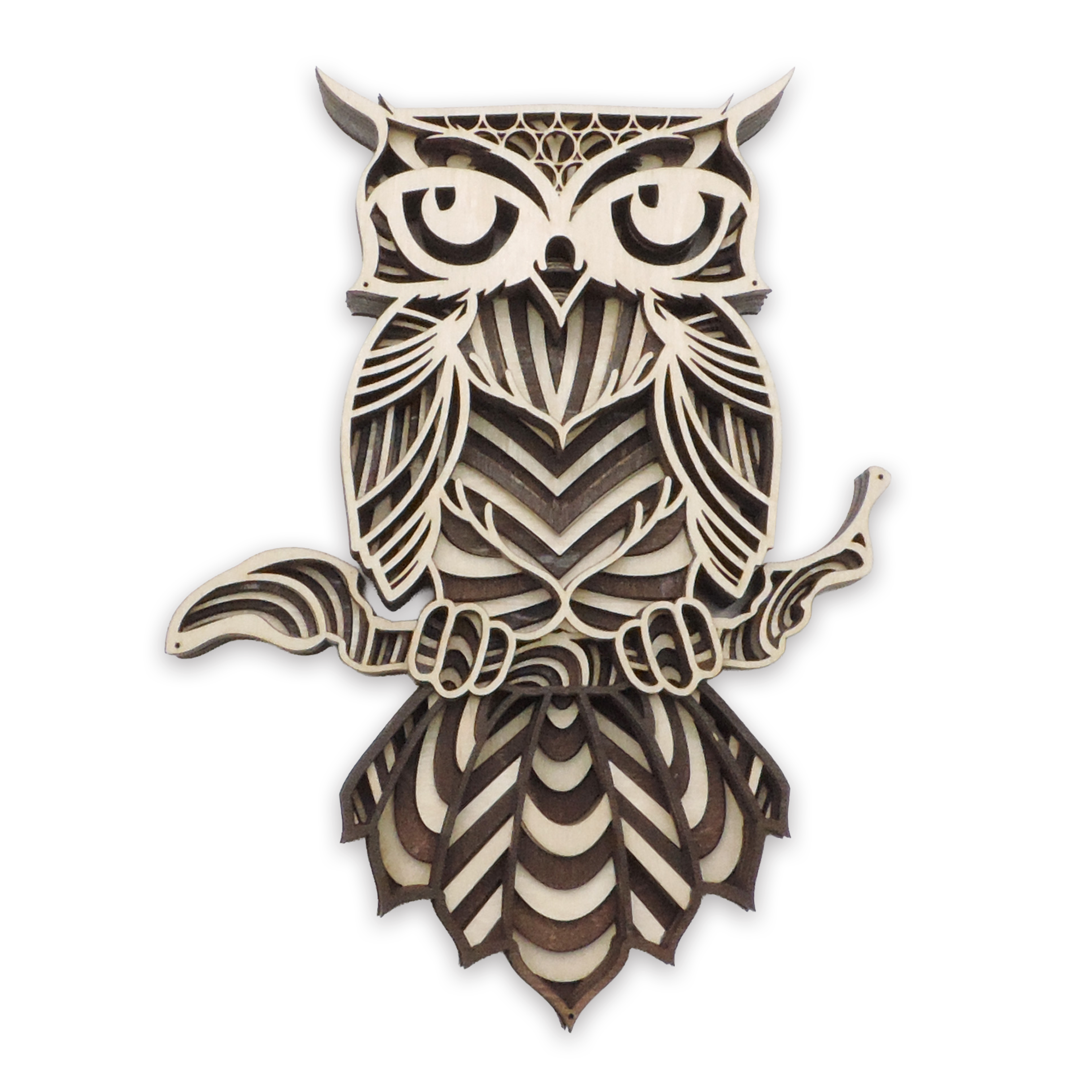Multilayer 3D laser-cut great horned owl wall art, Baltic Birch Plywood