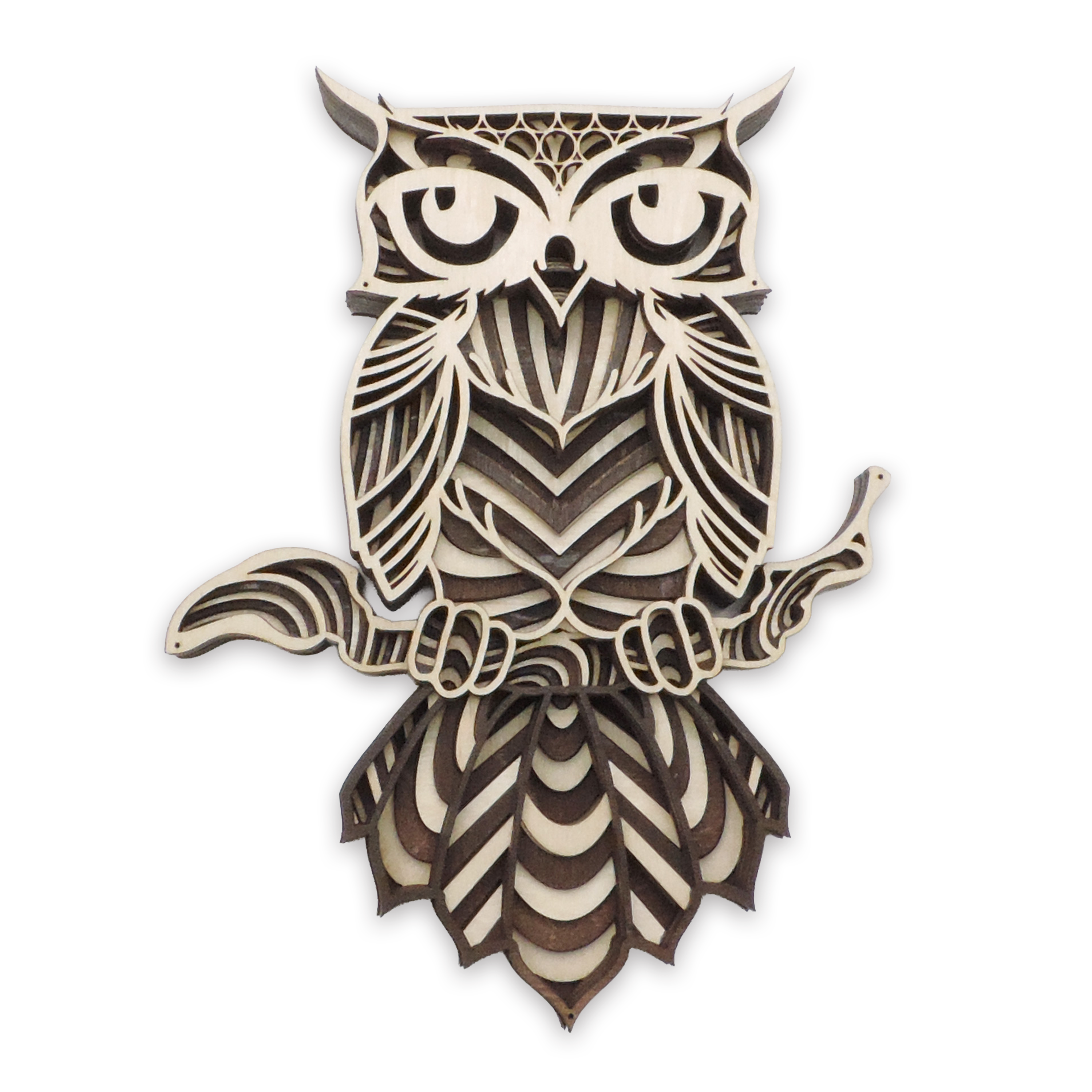 Multilayer 3D laser-cut great horned owl wall art, Baltic Birch Plywood