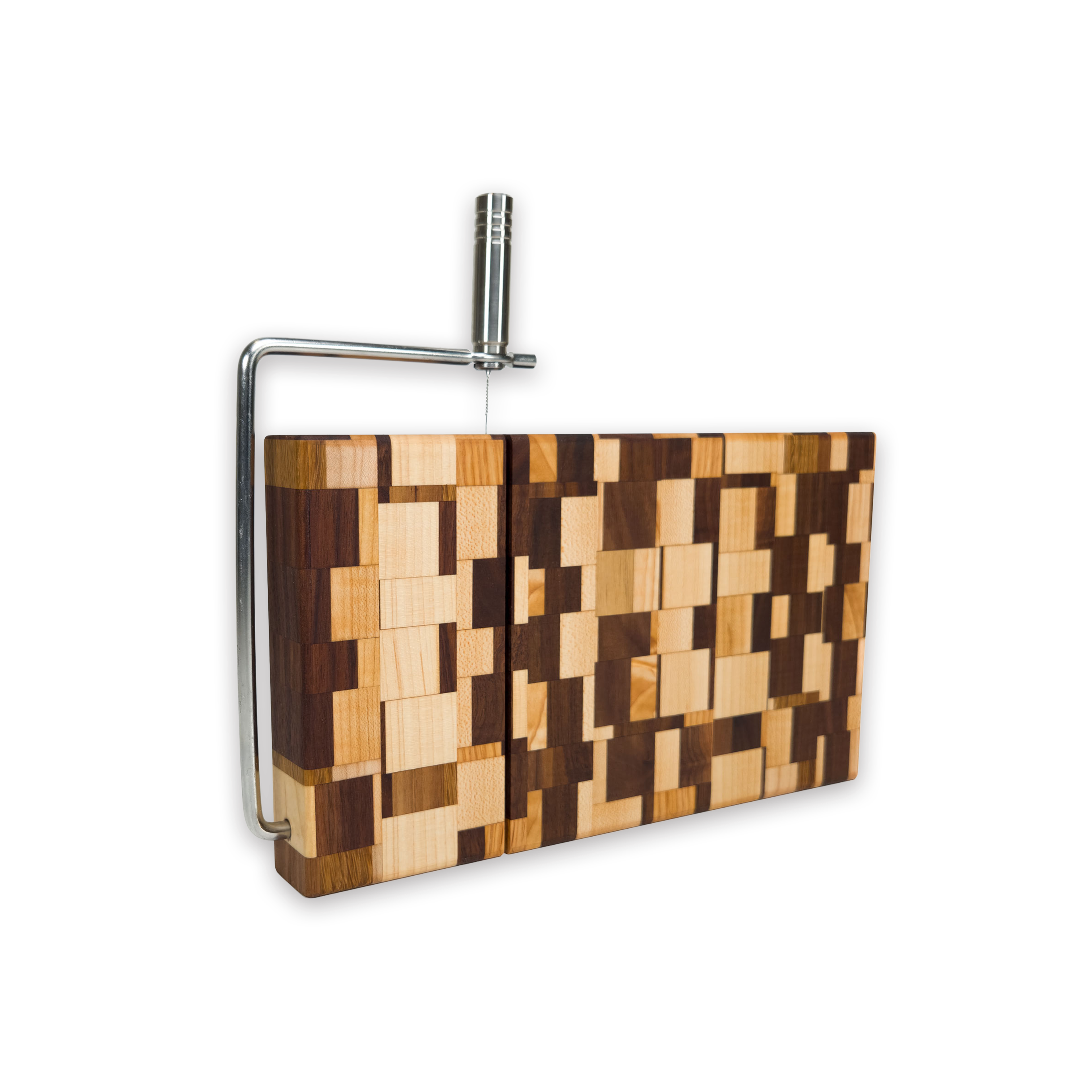 Edge grain maple & walnut cheese slicer board with wire cutter, oiled hardwood