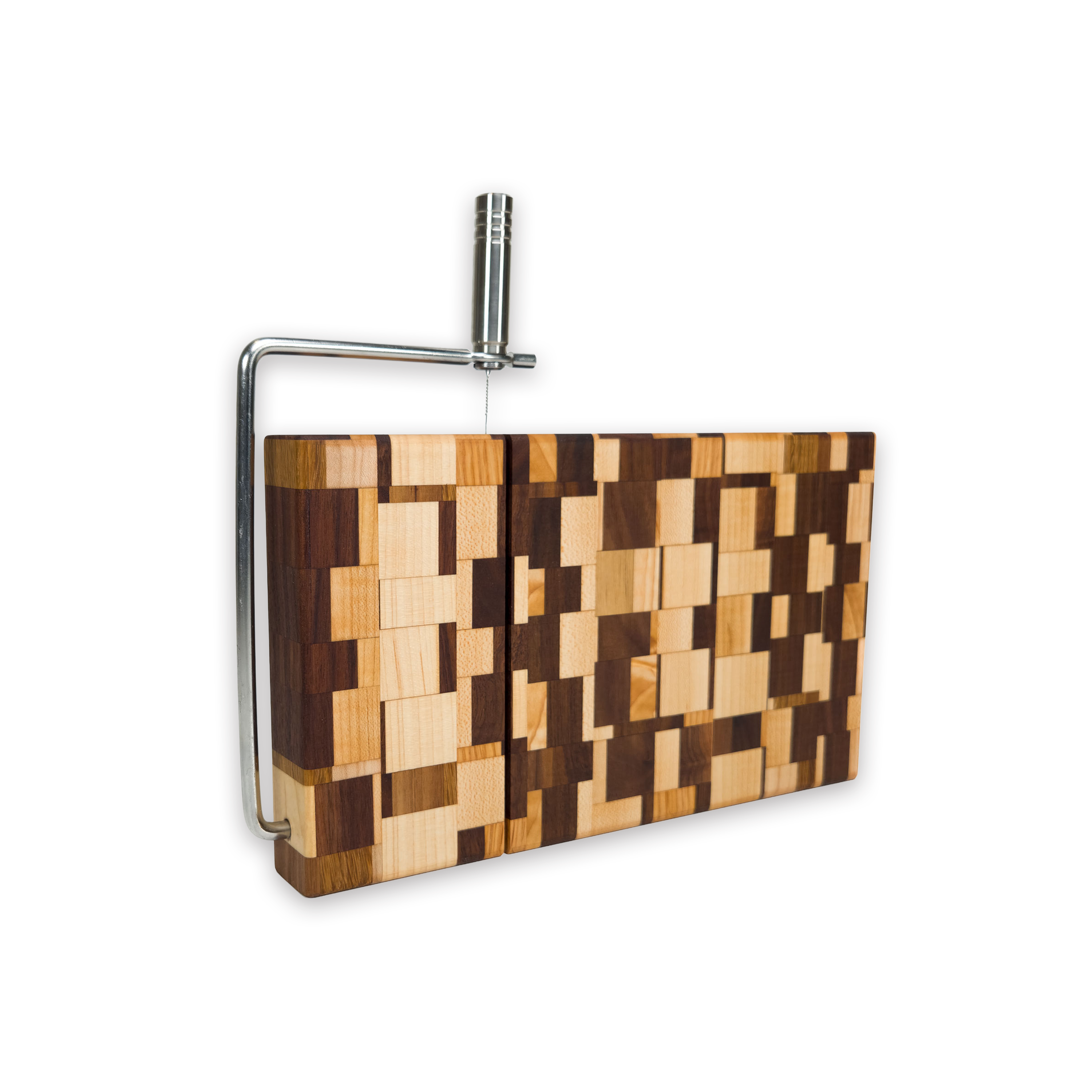 Edge grain maple & walnut cheese slicer board with wire cutter, oiled hardwood