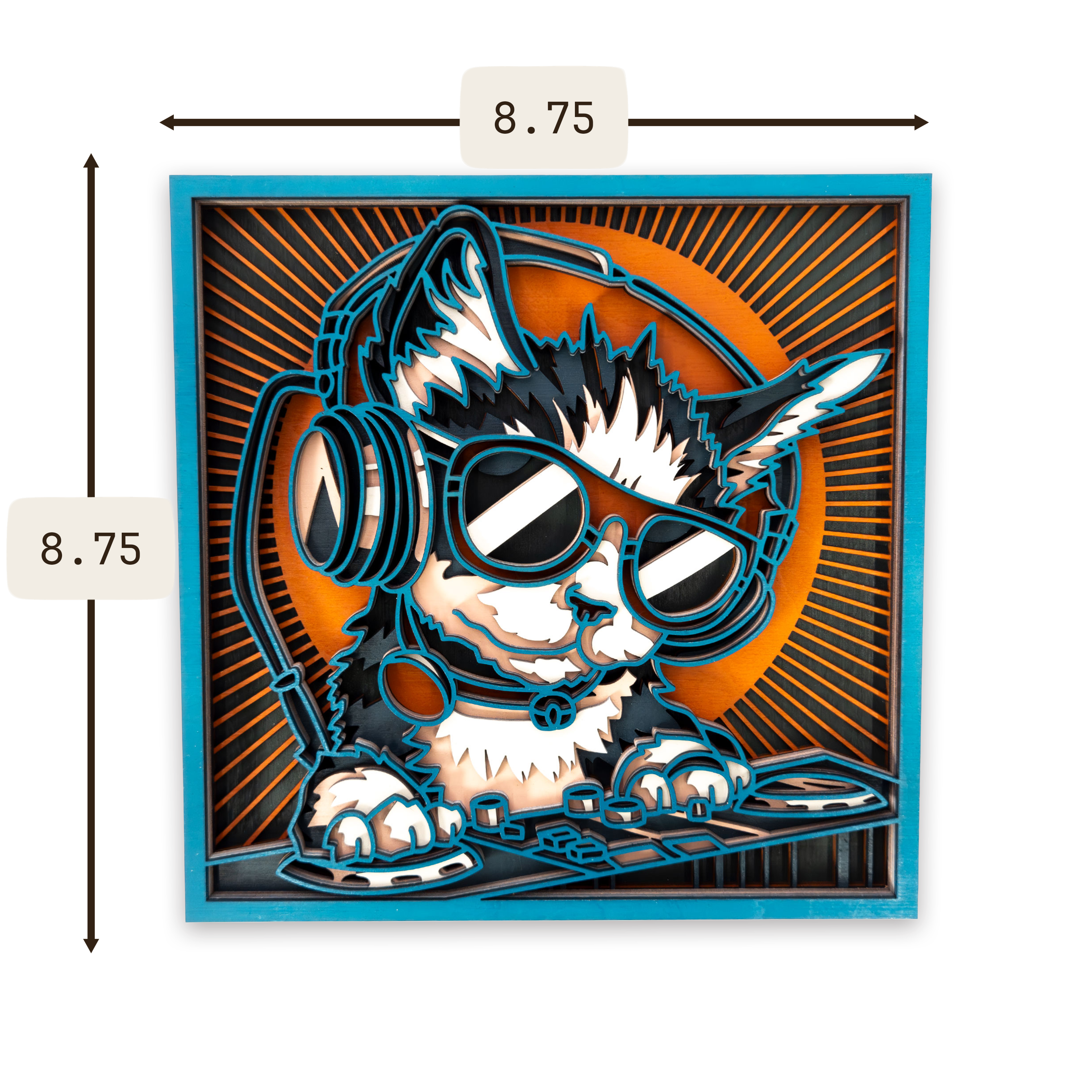 Multilayer 3D laser-cut dj cat wall art, Baltic Birch Plywood