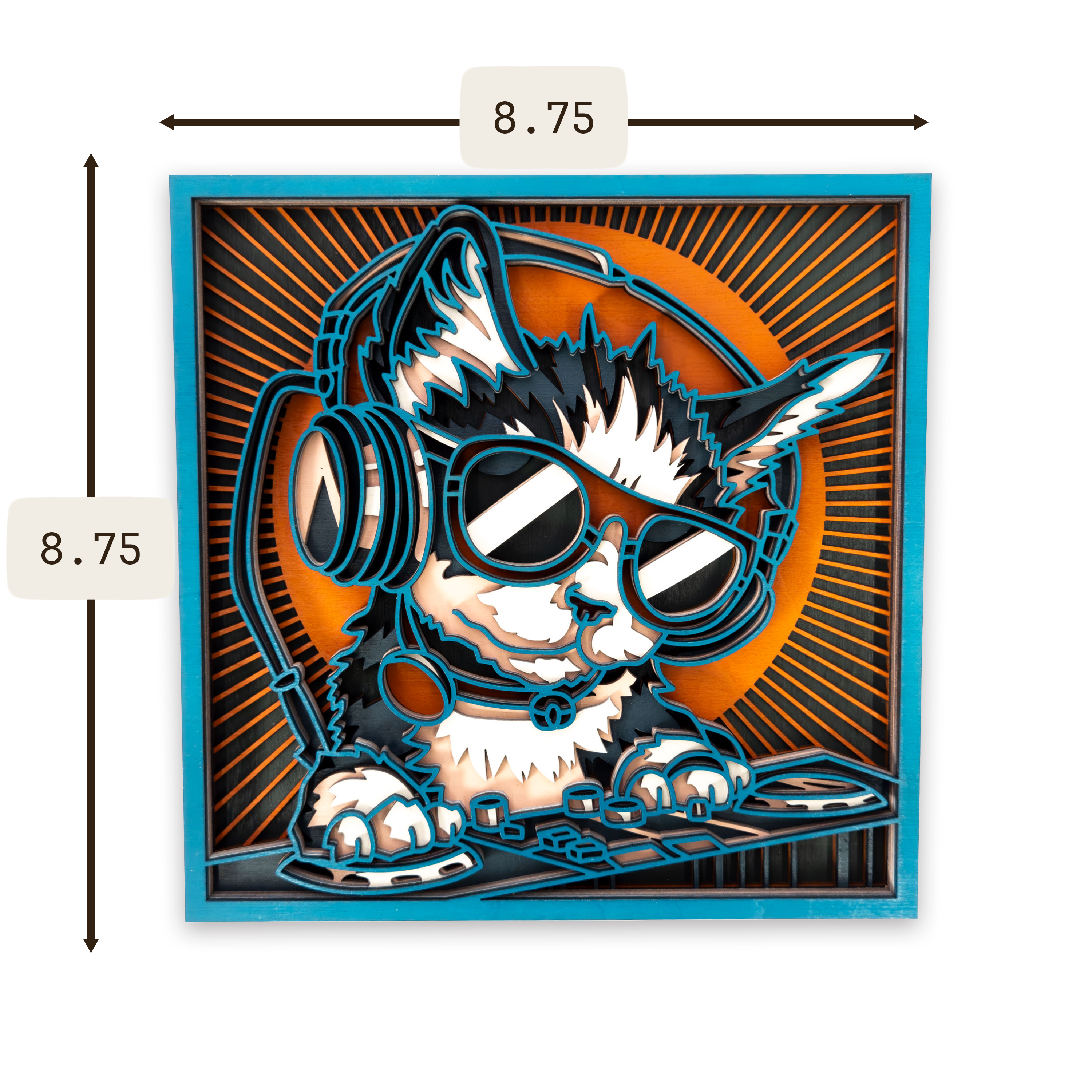 Multilayer 3D laser-cut dj cat wall art, Baltic Birch Plywood