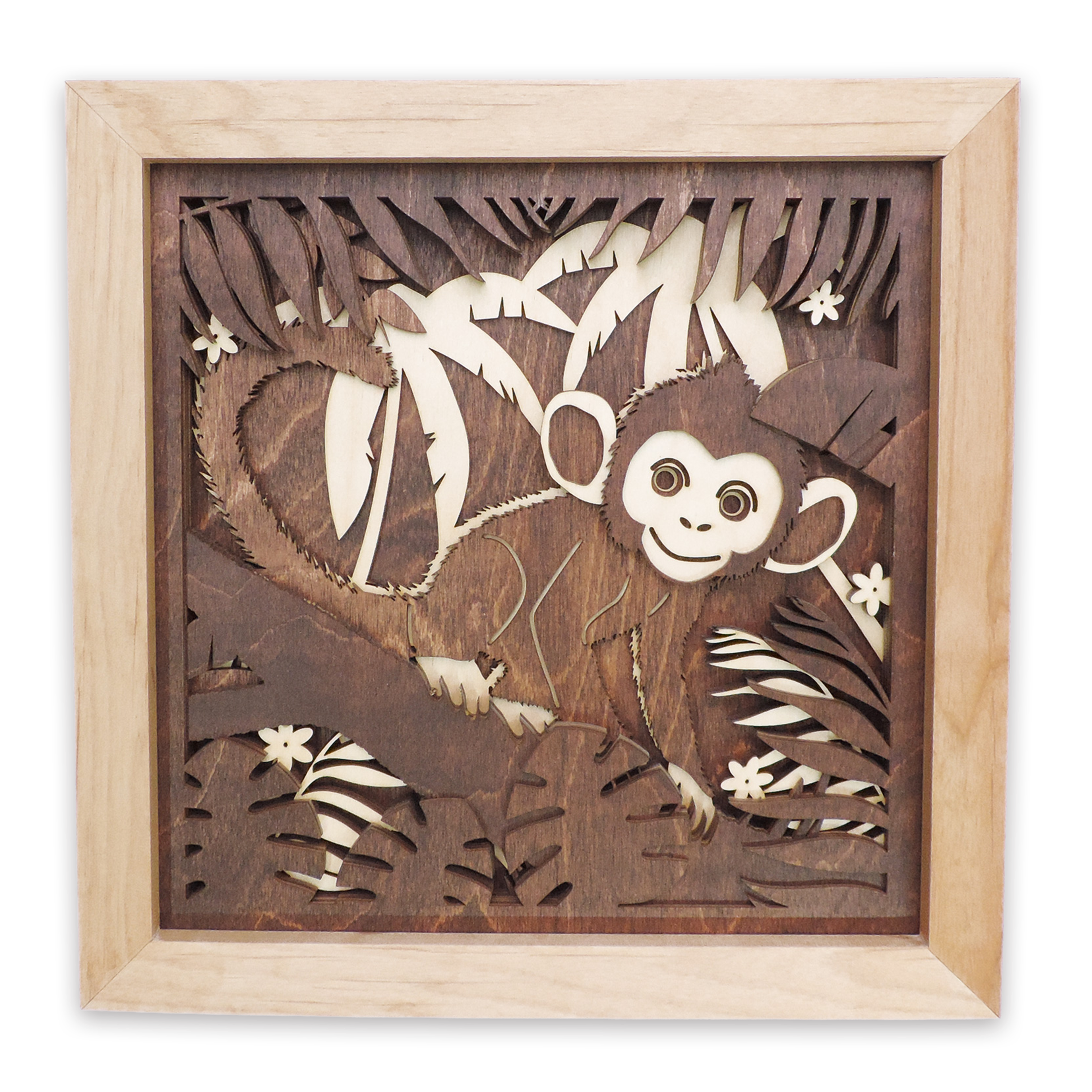 Multilayer 3D laser-cut baby monkey wall art, Baltic Birch Plywood