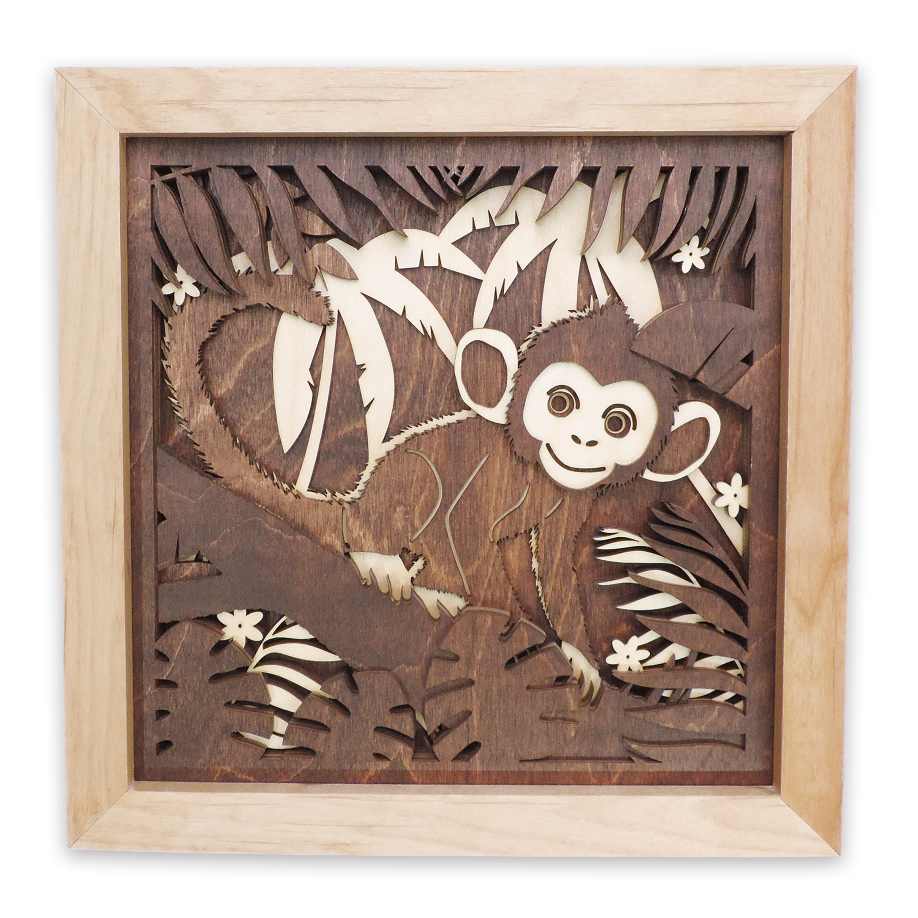 Multilayer 3D laser-cut baby monkey wall art, Baltic Birch Plywood
