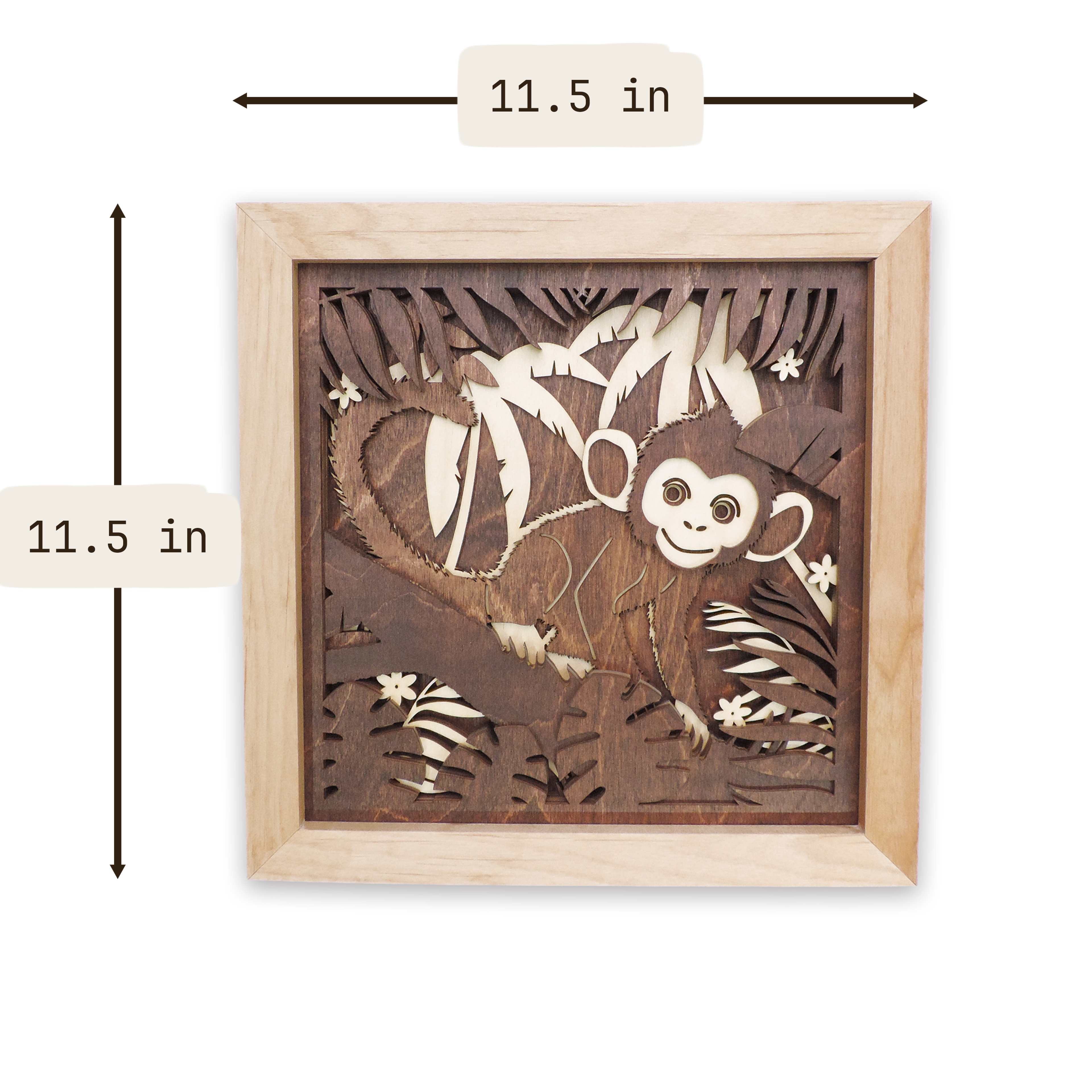 Multilayer 3D laser-cut baby monkey wall art, Baltic Birch Plywood