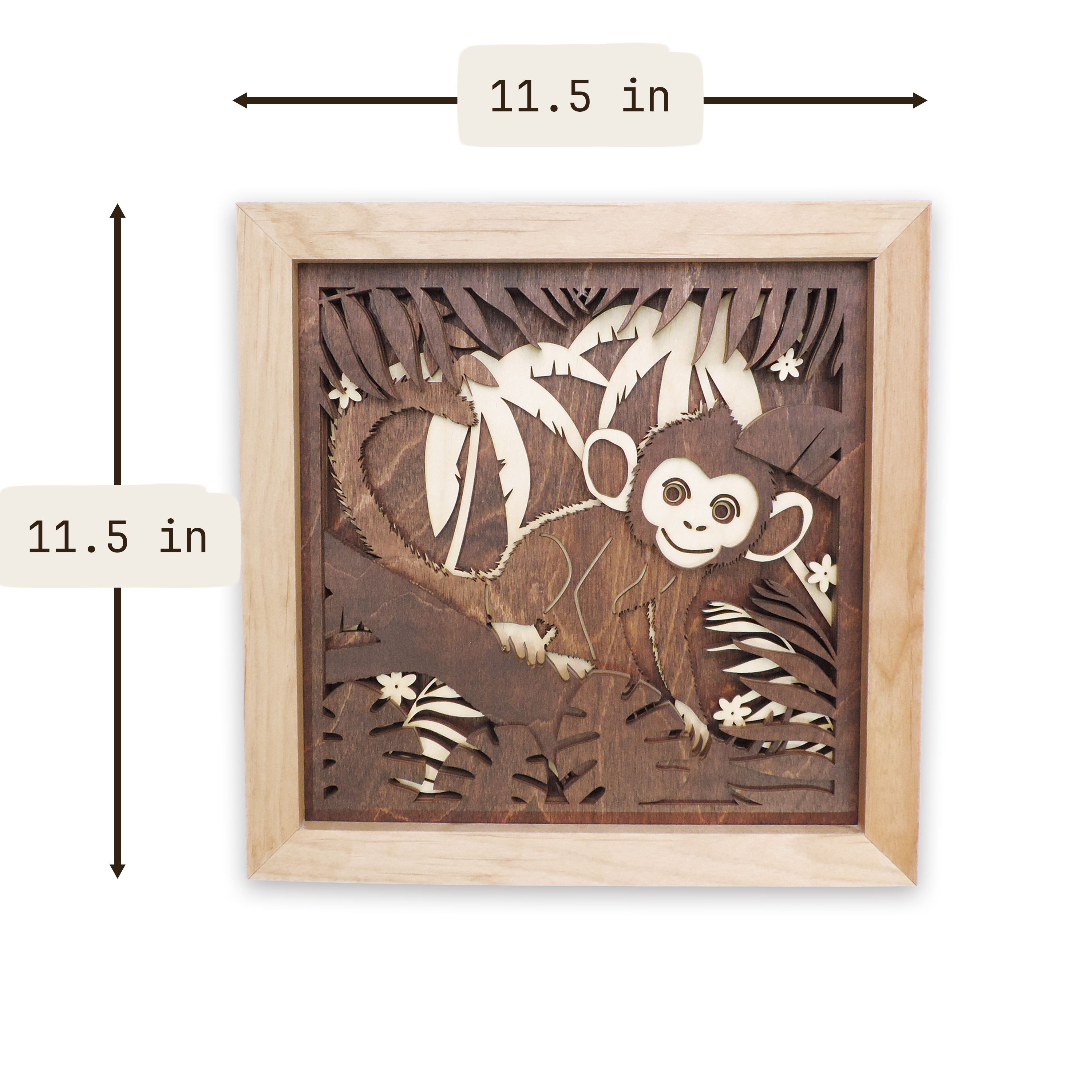 Multilayer 3D laser-cut baby monkey wall art, Baltic Birch Plywood