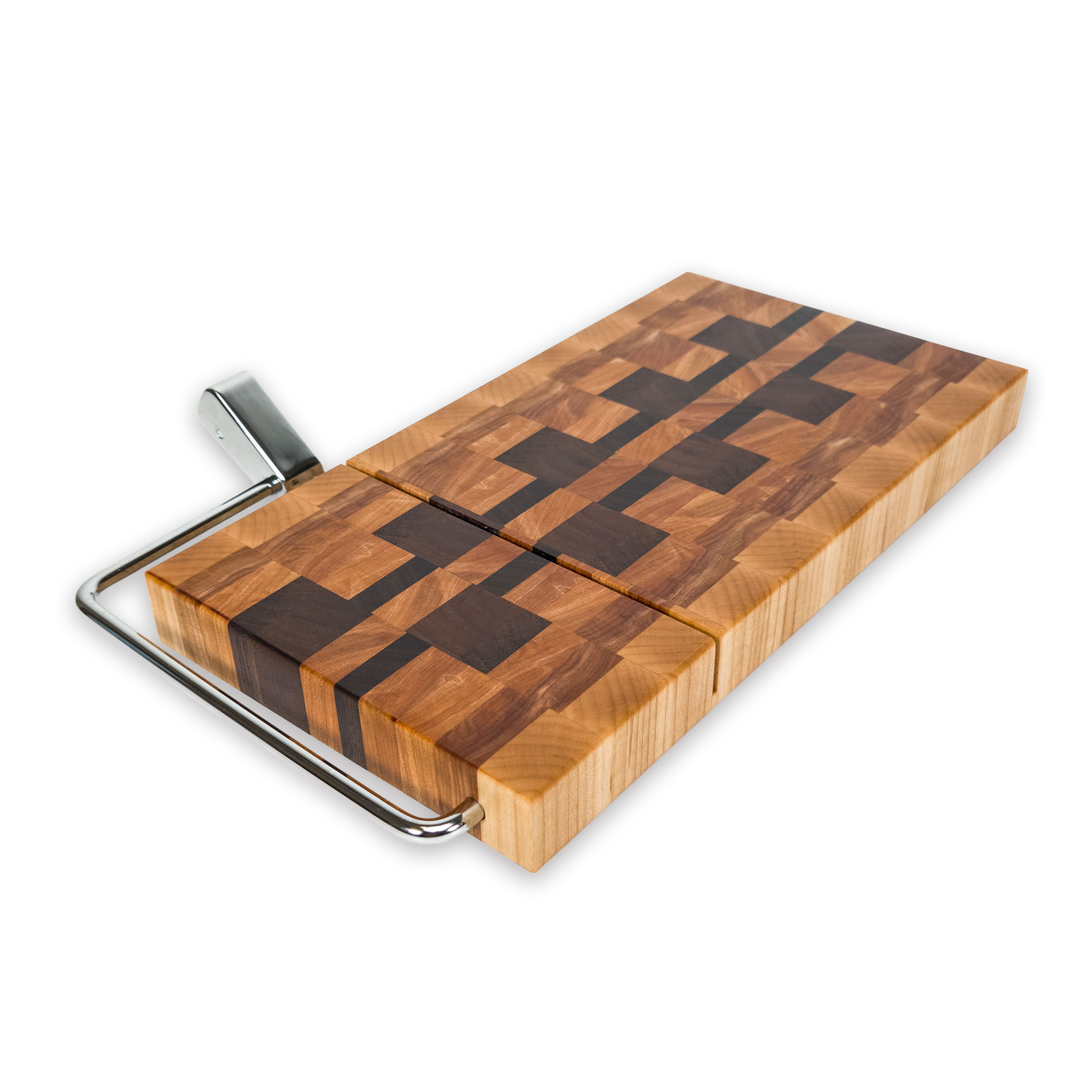 End grain maple, walnut & hickory cheese slicer board with wire cutter, oiled hardwood