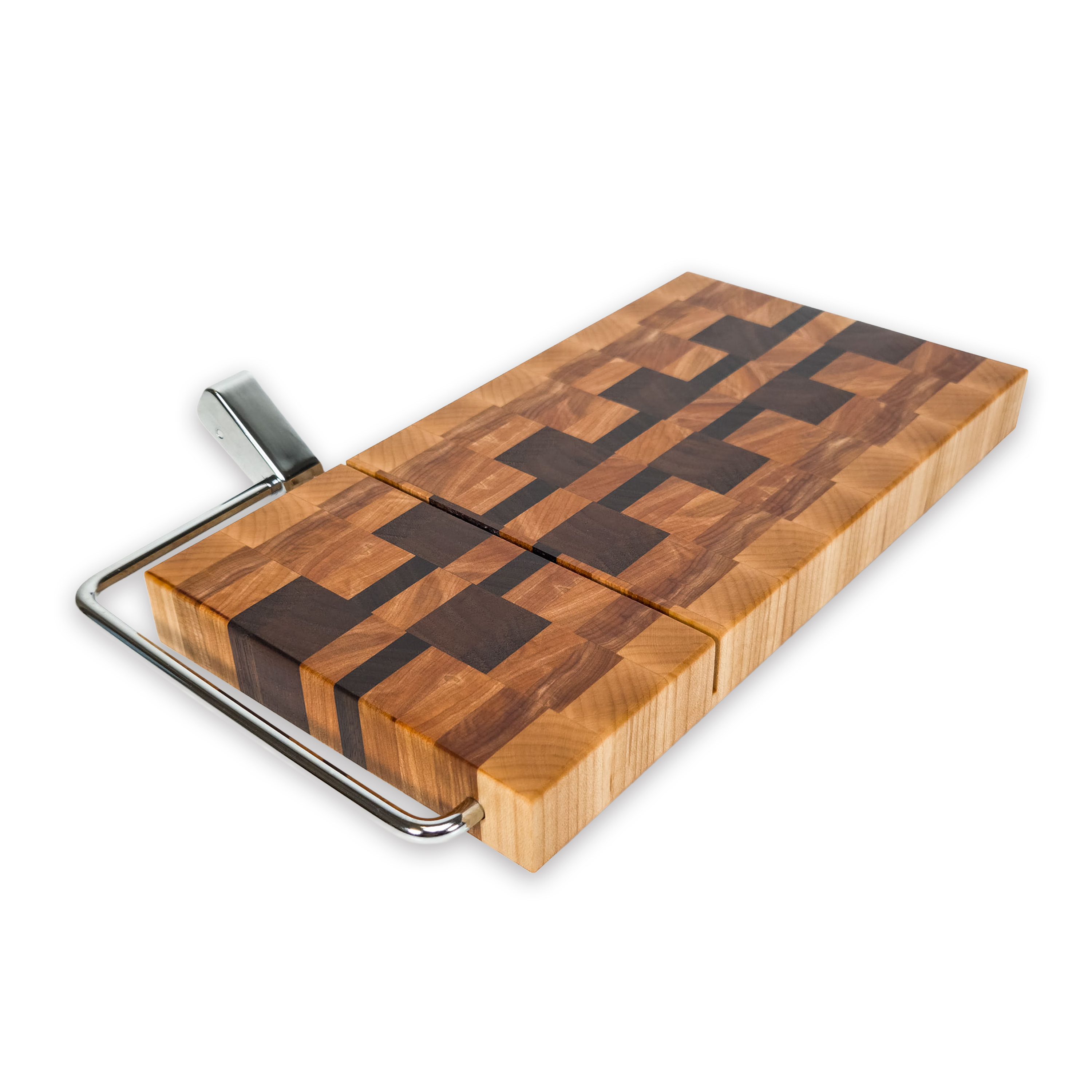 End grain maple, walnut & hickory cheese slicer board with wire cutter, oiled hardwood