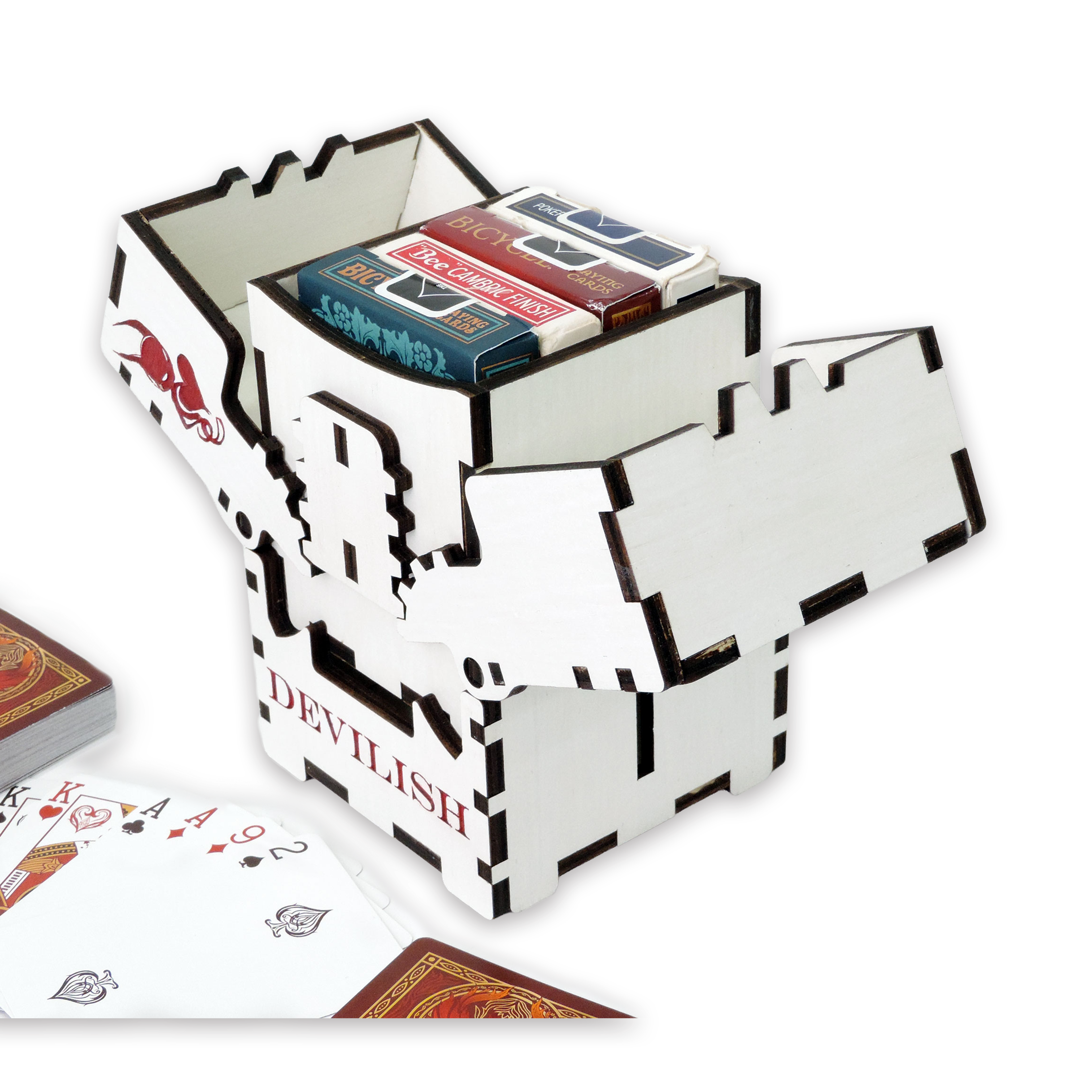 Laser-cut devilish box, white-painted birch plywood